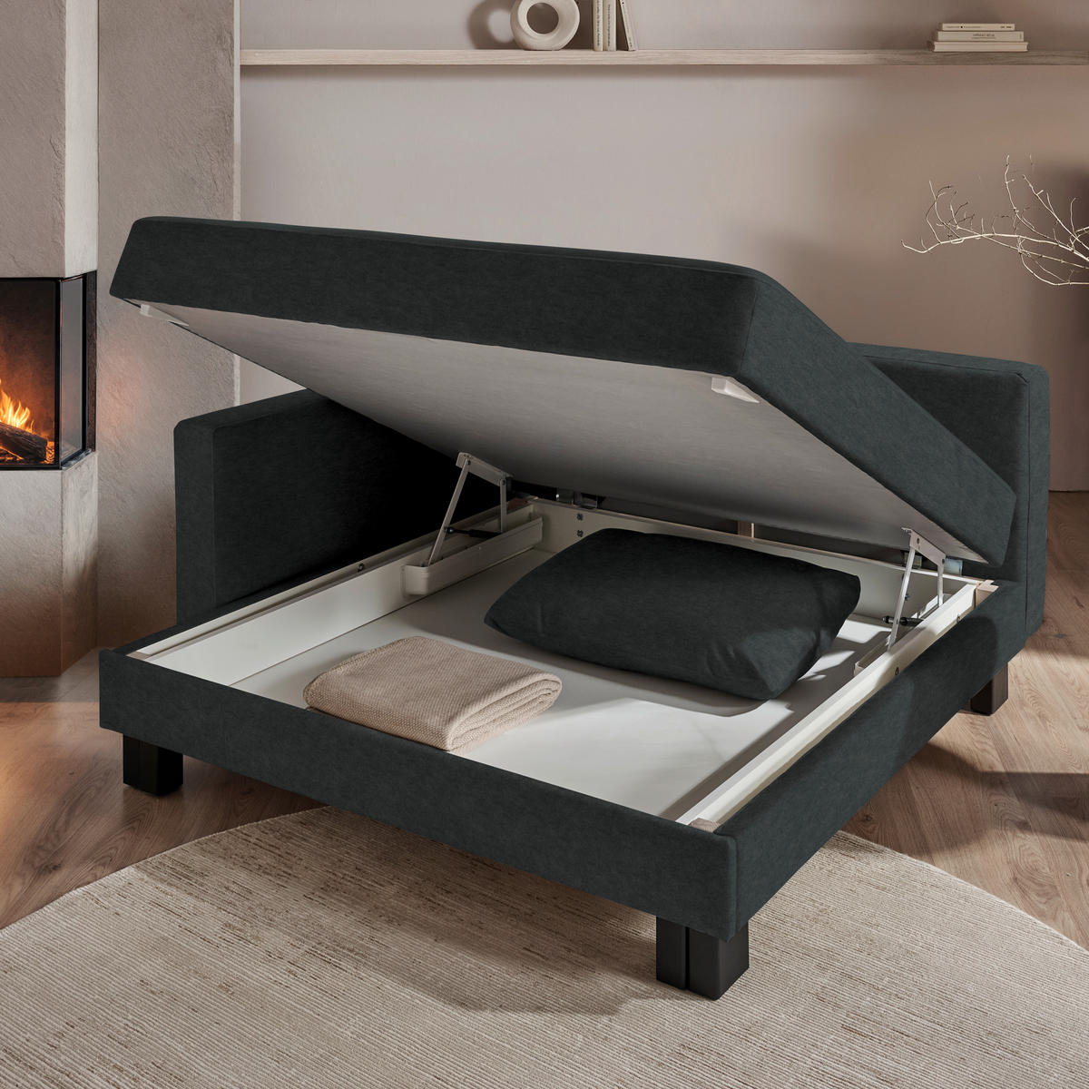 LIEGE  in Velours Anthrazit  - Eiche dunkel/Anthrazit, MODERN, Holz/Textil (137/72/155cm) - Joka