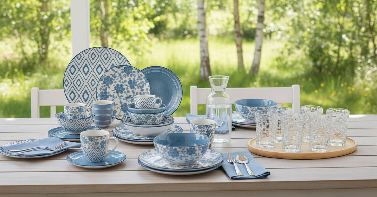 KOMPLETT SERVIS 30 delar  - vit/blå, Lifestyle, keramik - Novel