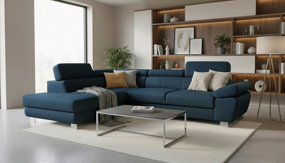ECKSOFA Dunkelblau Webstoff Bettkasten, Schlaffunktion, Rücken echt, Armteilverstellung, Kopfteilverstellung  - Chromfarben/Dunkelblau, MODERN, Textil/Metall (205/278cm) - Stylife