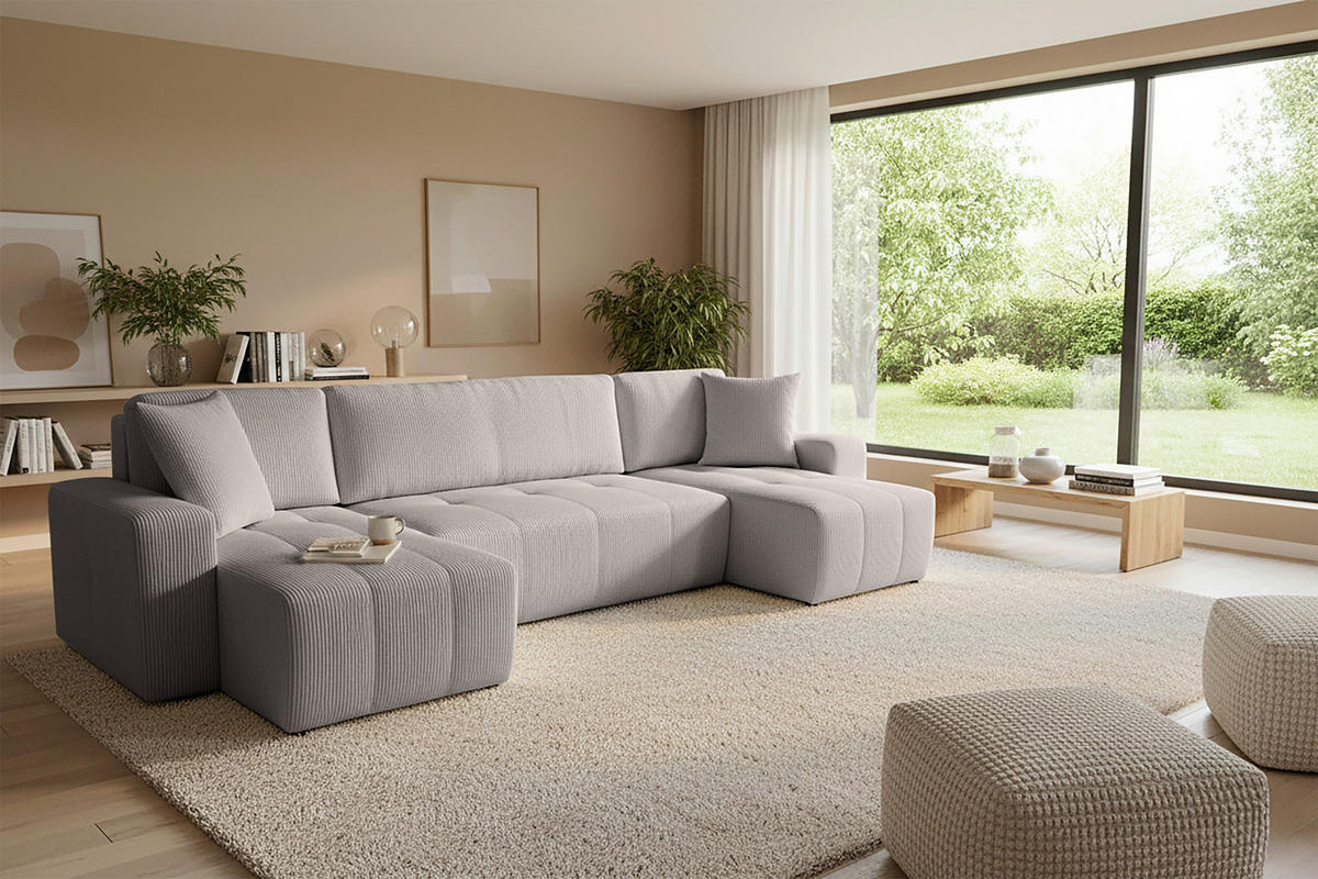 Wohnlandschaft inkl. Funktion Hellbraun Cord  - Hellbraun/Schwarz, KONVENTIONELL, Textil (146/317/146cm) - Xora