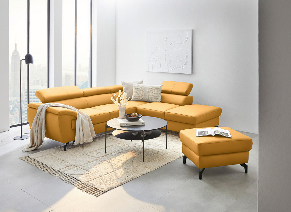 ECKSOFA in Echtleder Currygelb  - Currygelb/Schwarz, Design, Leder/Metall (256/220cm) - Celina Home