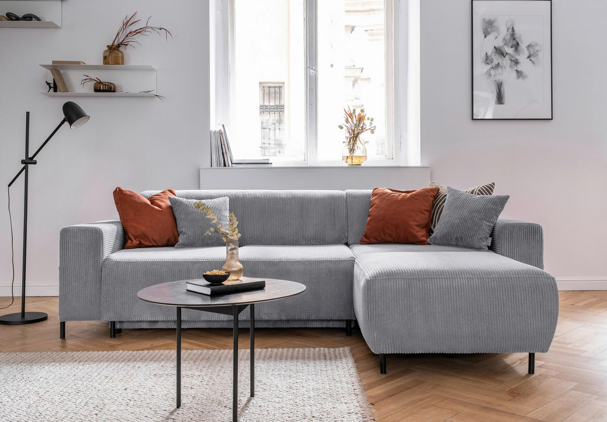 ECKSOFA in Cord Hellgrau  - Hellgrau/Schwarz, Textil/Metall (260/165cm) - MID.YOU