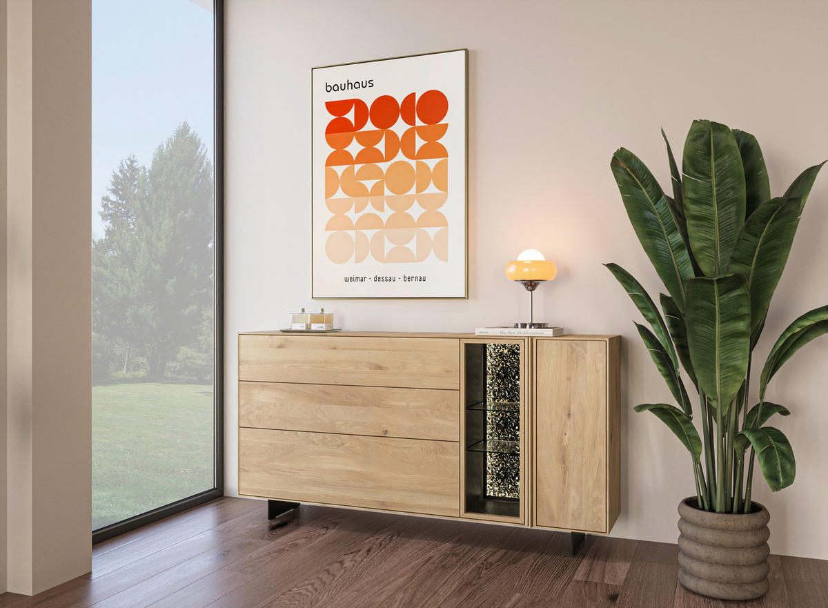 SIDEBOARD Eichefarben  188,8/96,6/41 cm  - Eichefarben/Schwarz, Natur, Glas/Leder (188,8/96,6/41cm) - Cassando