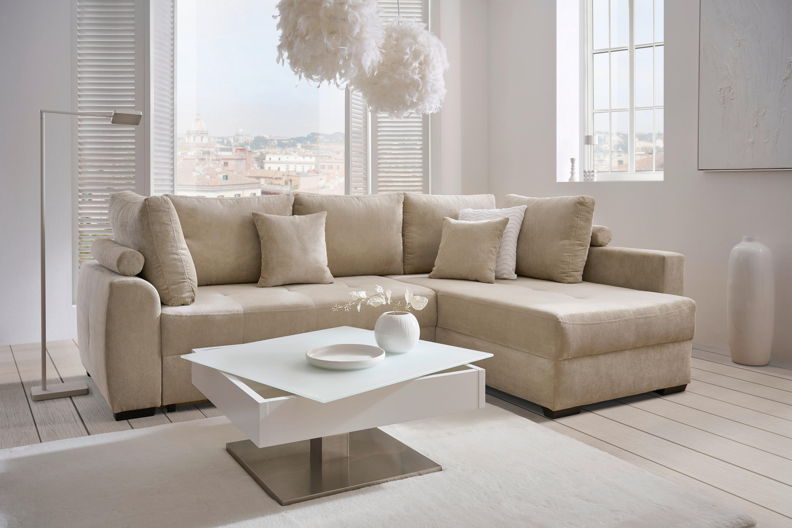 Ecksofa inkl. Funktionen NORIS Beige Cord  - Beige/Schwarz, Design, Kunststoff/Textil (265/182cm) - Stylife