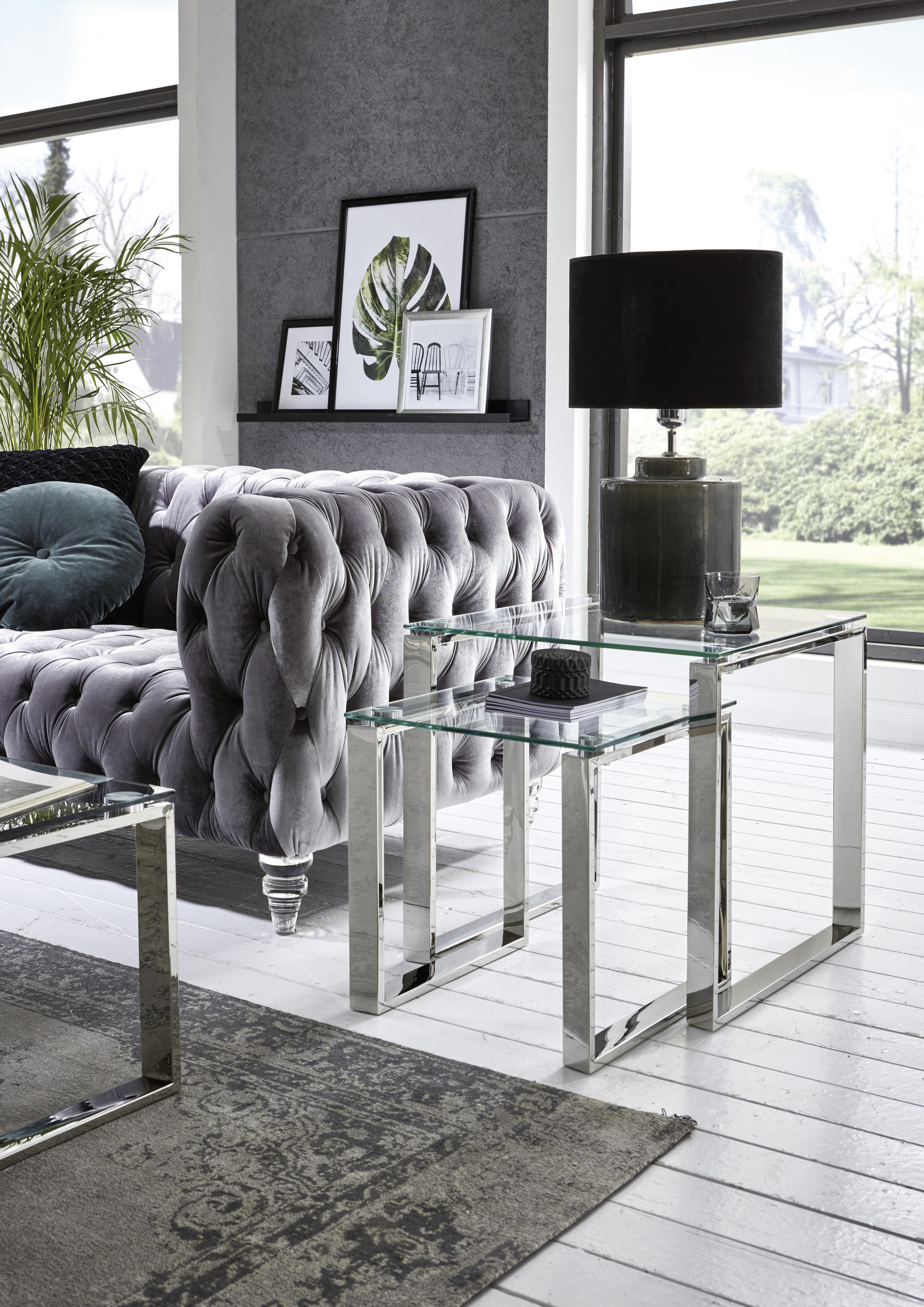 BEISTELLTISCH 55/55/55 cm Edelstahlfarben quadratisch  - Edelstahlfarben, Design, Glas/Metall (55/55/55cm)