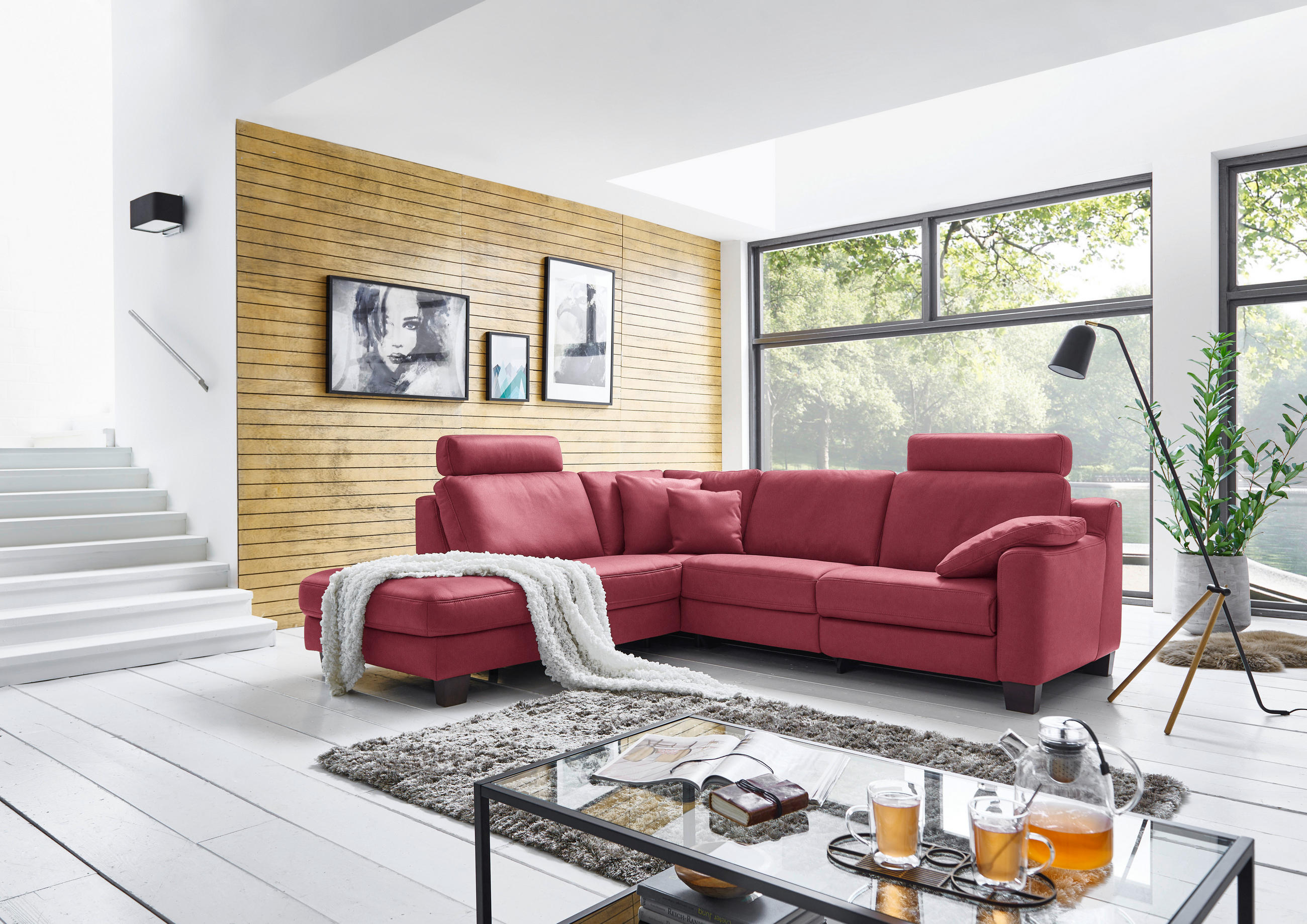 ECKSOFA in Echtleder Bordeaux  - Eichefarben/Bordeaux, Design, Leder/Holz (235/259cm) - Valdera