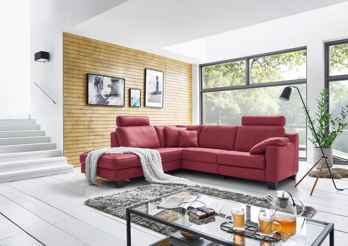 ECKSOFA in Echtleder Bordeaux  - Eichefarben/Bordeaux, Design, Leder/Holz (235/259cm) - Valdera