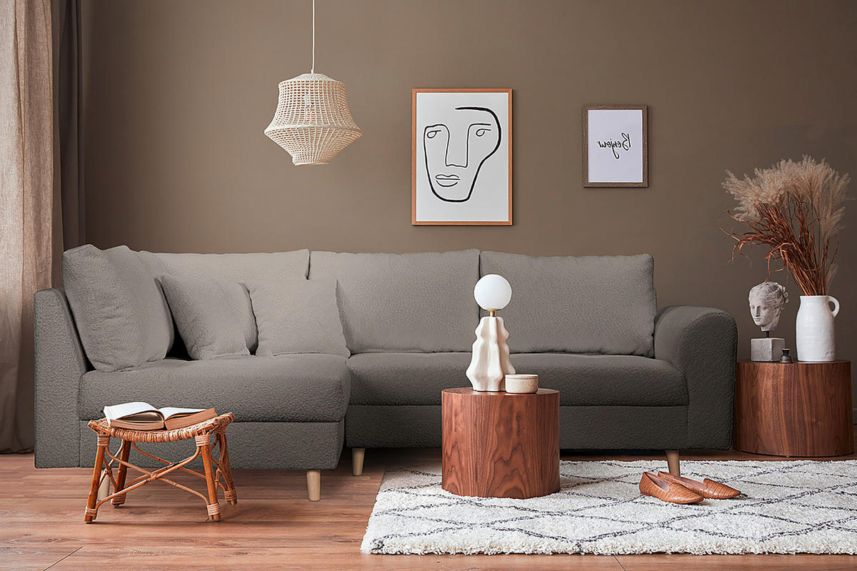 ECKSOFA Dunkelgrau Bouclé  - Dunkelgrau/Naturfarben, Design, Holz/Textil (161/231cm) - Livetastic