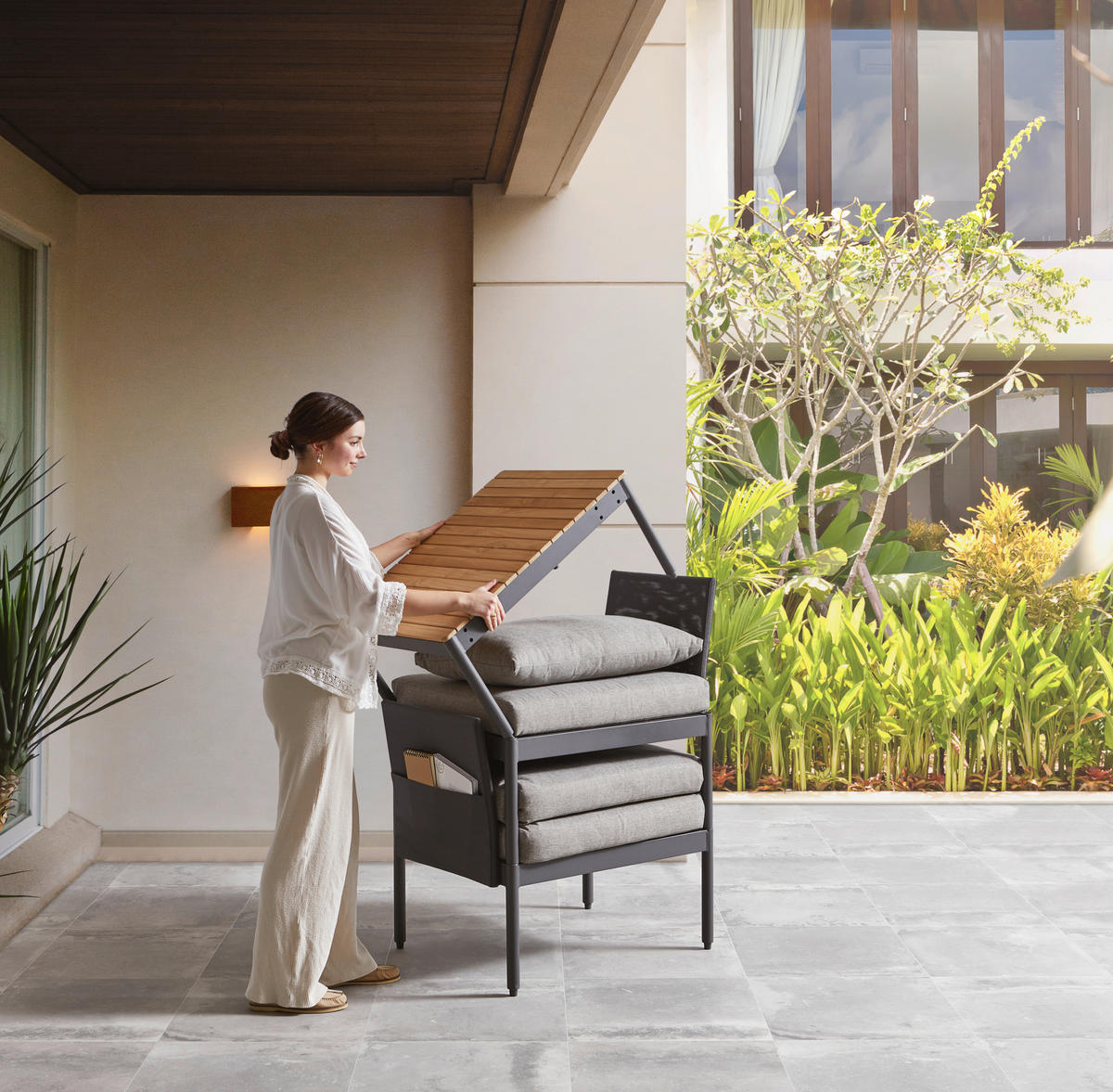 BALKONSET  - Grau/Teakfarben, Design, Holz/Textil (217/75/66cm) - Ambia Garden