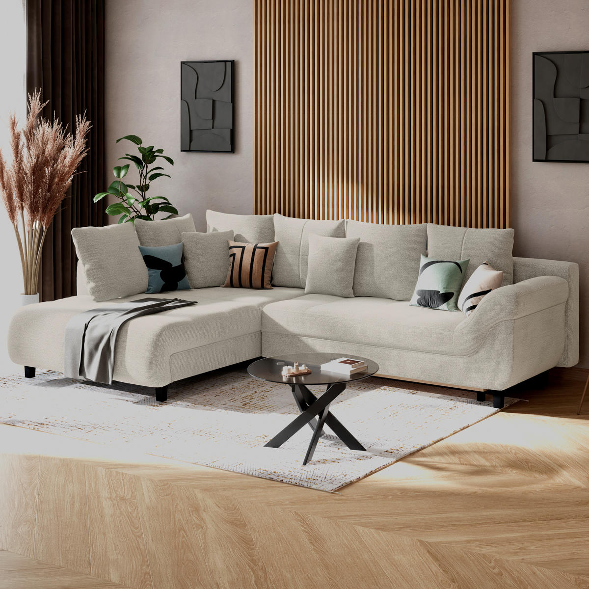 ECKSOFA MENDOZA NEW Creme Chenille, Struktur Zierkissen, Rückenkissen, Bettkasten  - Creme/Schwarz, KONVENTIONELL, Textil (197/309cm) - MID.YOU