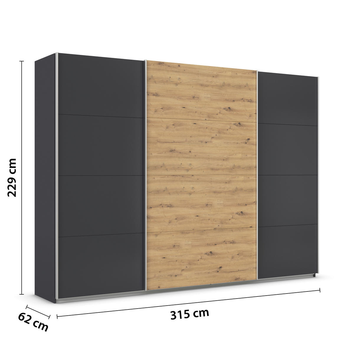 SCHWEBETÜRENSCHRANK  in Grau, Eiche Artisan  - Alufarben/Eiche Artisan, KONVENTIONELL, Holzwerkstoff/Metall (315/229/62cm) - Xora