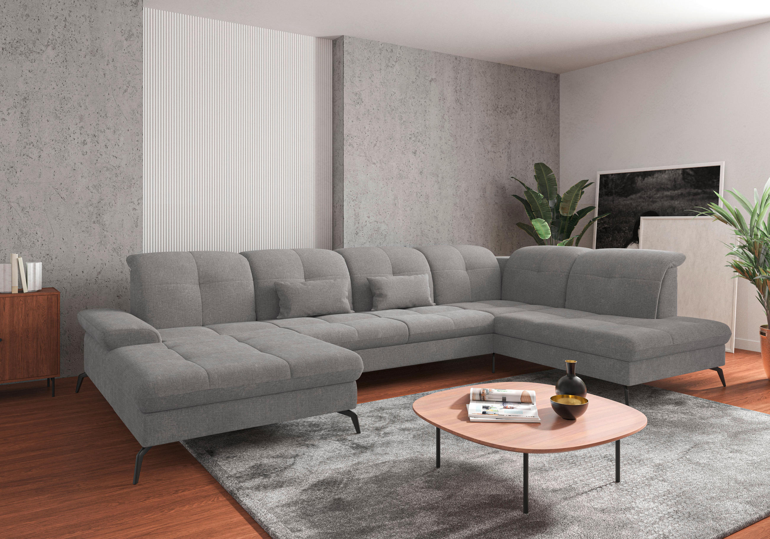 WOHNLANDSCHAFT Hellgrau Flachgewebe  - Hellgrau/Schwarz, KONVENTIONELL, Textil/Metall (185/357/231cm) - Sit & More