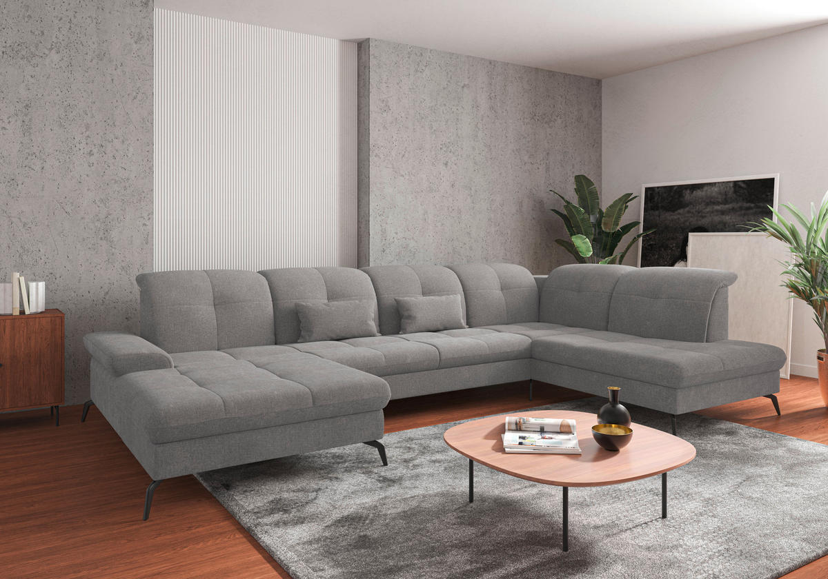 WOHNLANDSCHAFT in Flachgewebe Hellgrau  - Hellgrau/Schwarz, Konventionell, Textil/Metall (185/357/231cm) - Sit & More