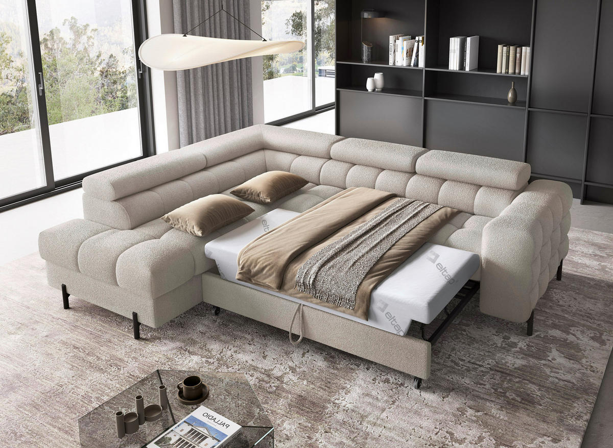 ECKSOFA FERUCCE in Teddystoff Beige  200/276 cm  - Beige/Schwarz, Design, Textil/Metall (200/276cm) - MID.YOU