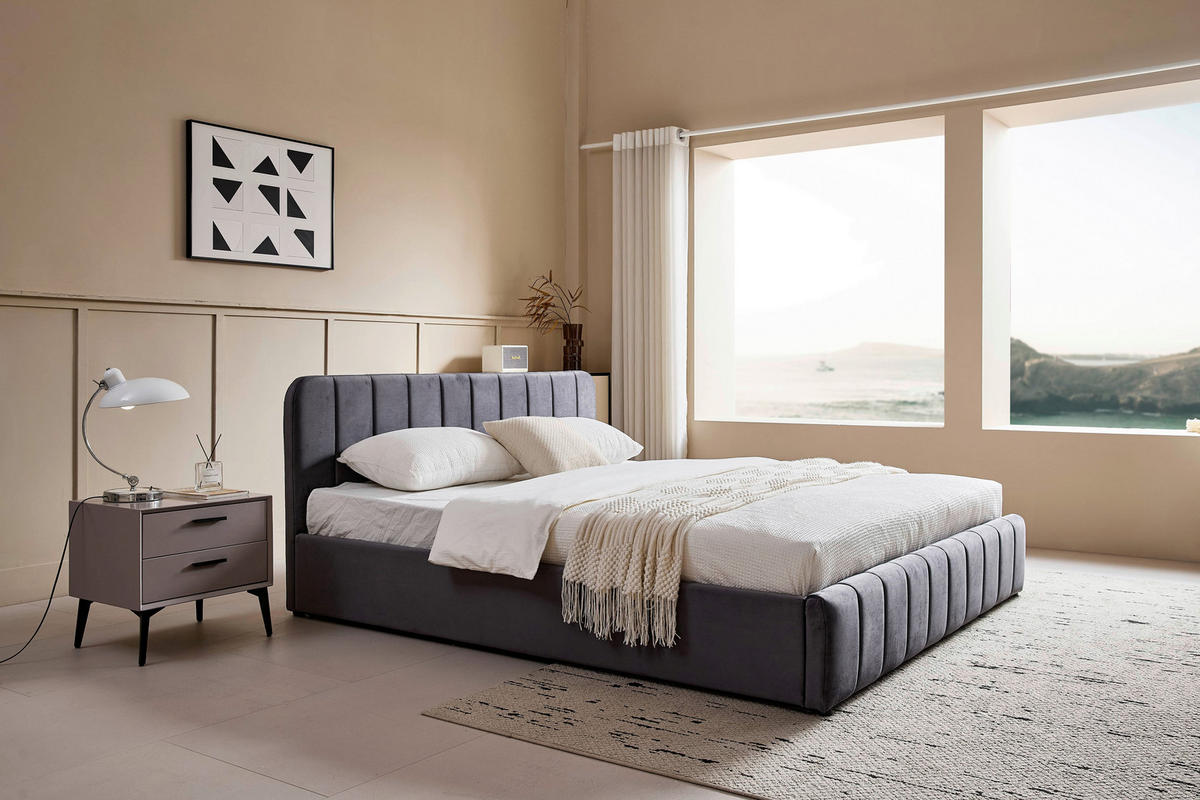 POLSTERBETT 140/200 cm, inkl. gepolstertes Kopfteil, Lattenrost, Bettkasten,  in Grau  - Schwarz/Naturfarben, Design, Holz/Kunststoff (140/200cm) - Boxxx