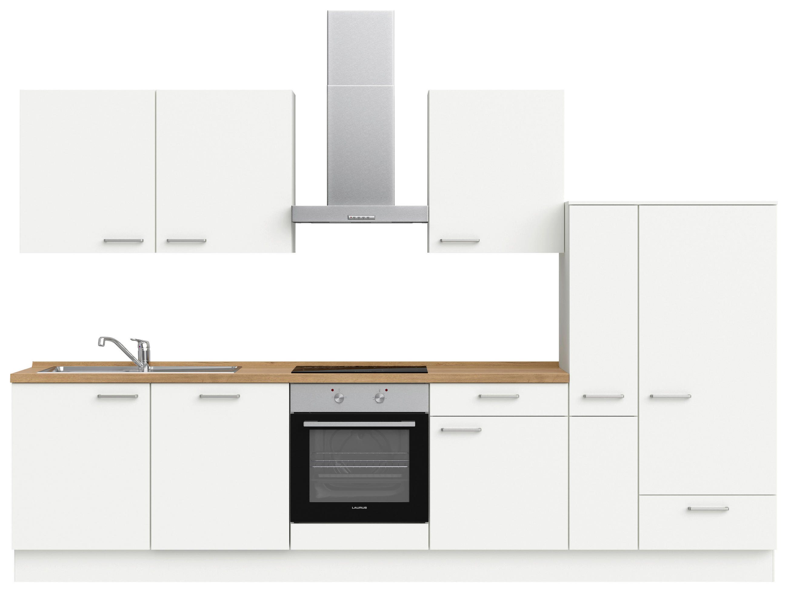 KÜCHENLEERBLOCK 330 cm   in Weiß, Eichefarben  - Edelstahlfarben/Eichefarben, MODERN, Holzwerkstoff/Metall (330cm) - Nobilia