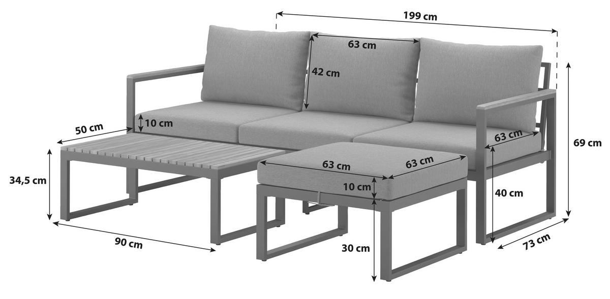 LOUNGEGARNITUR Akazie Stahl  - Grau, MODERN, Holz/Textil - Gardenson