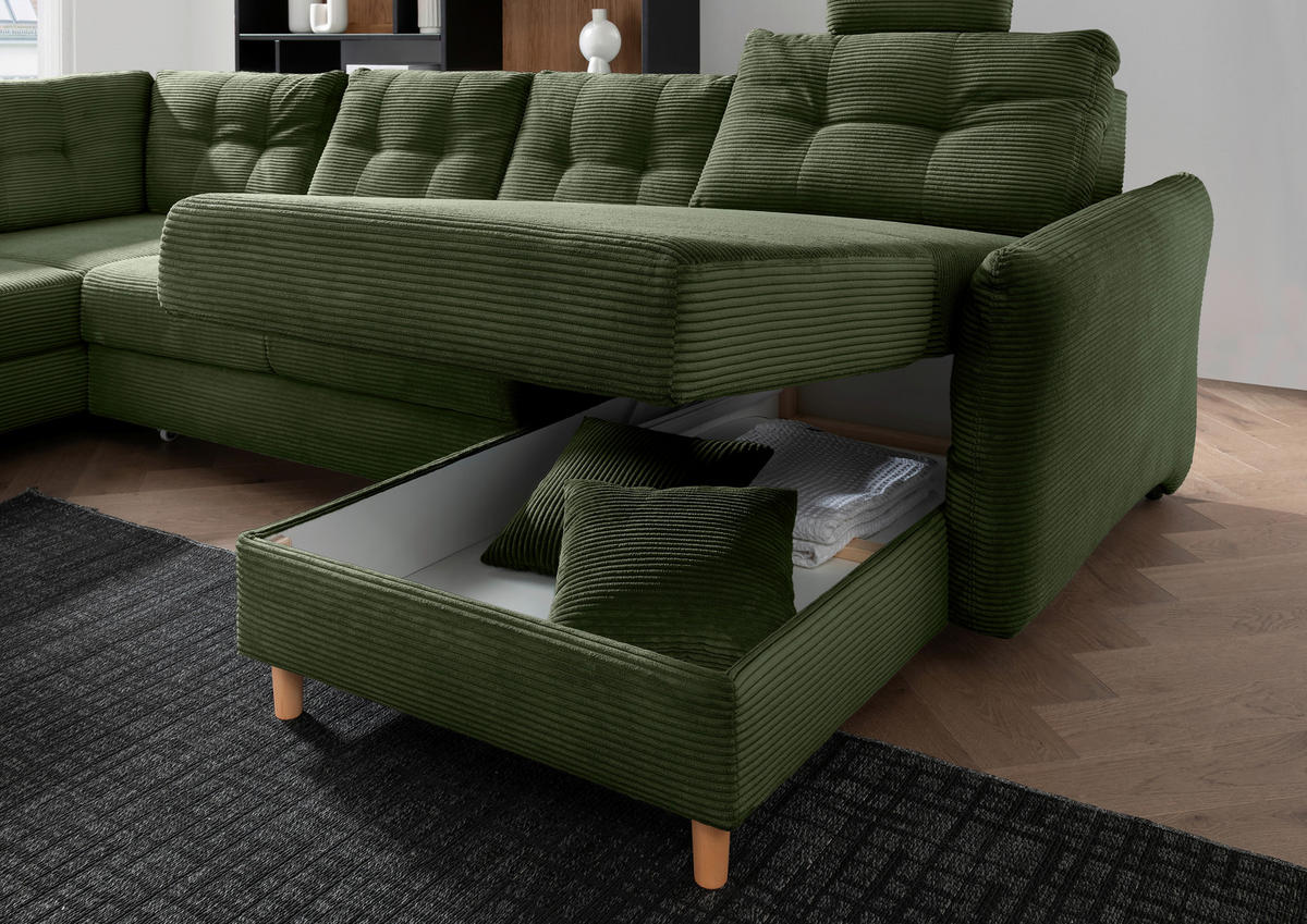 WOHNLANDSCHAFT in Cord Dunkelgrün  - Dunkelgrün/Naturfarben, Modern, Holz/Textil (206/338-352/176cm) - Livetastic