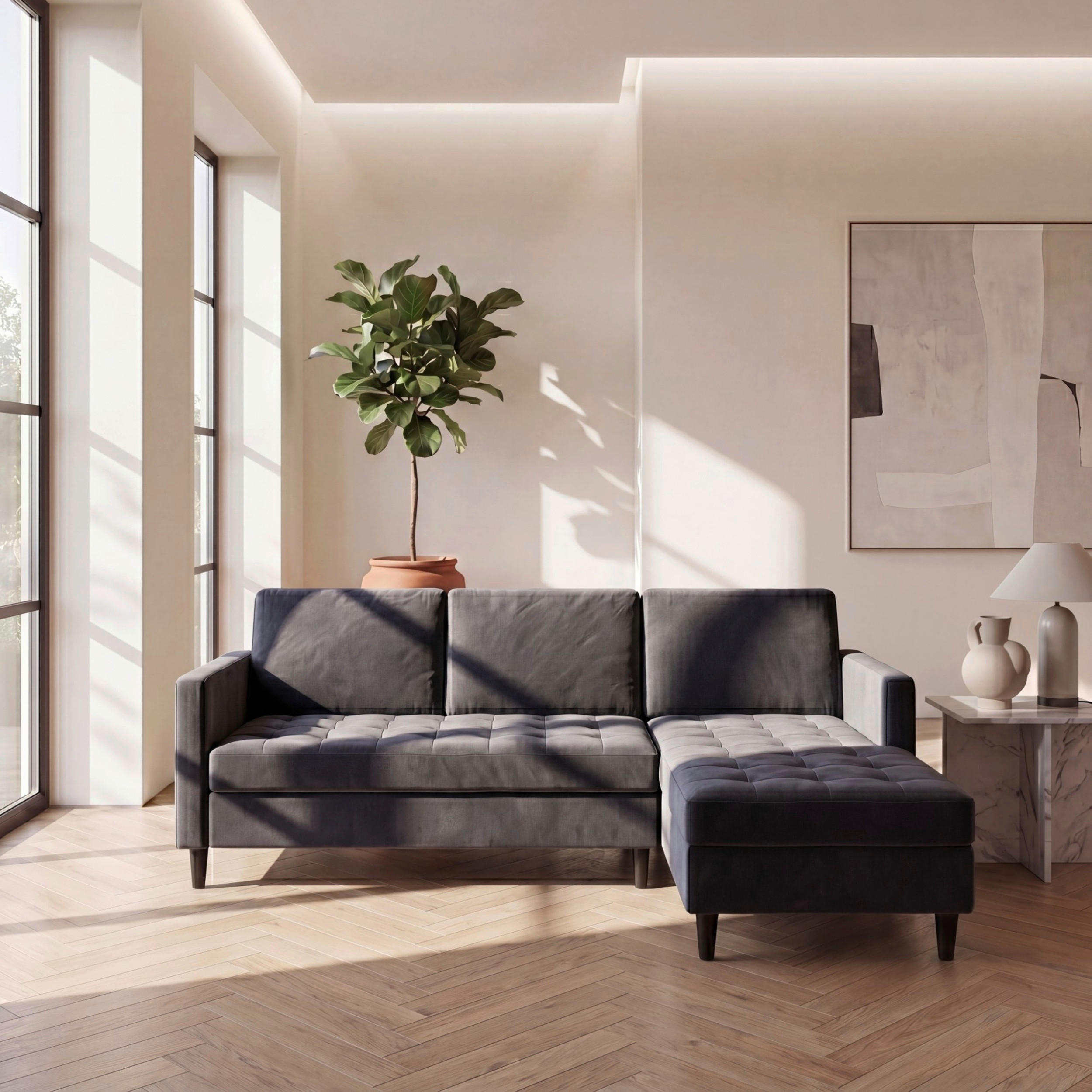 ECKSOFA PALERMO in Velours Anthrazit  - Anthrazit/Schwarz, Basics, Kunststoff/Textil (213/154cm) - Livetastic