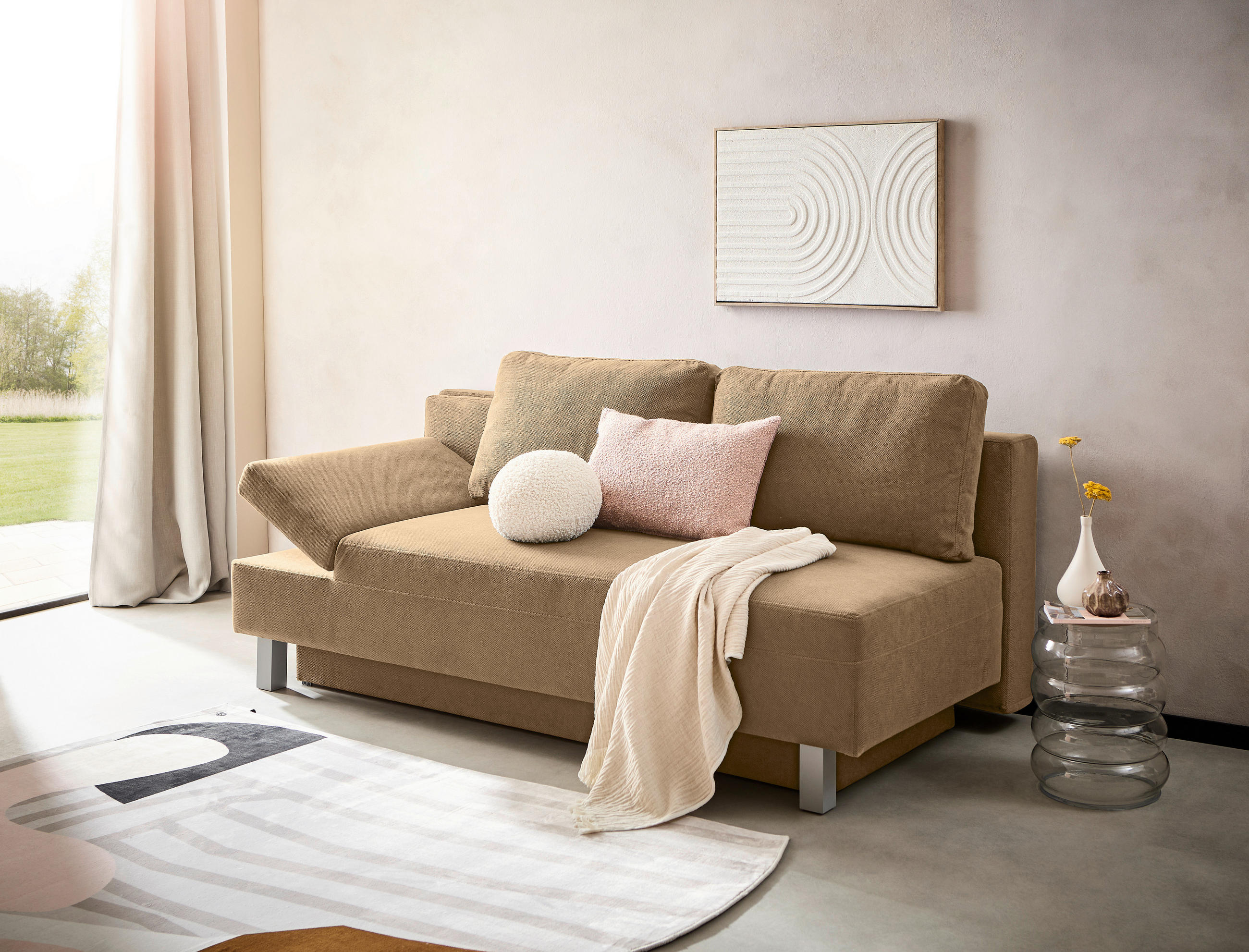 SCHLAFSOFA Flachgewebe Hellbraun  - Chromfarben/Hellbraun, Design, Holz/Textil (205/77-93/99cm) - Novel
