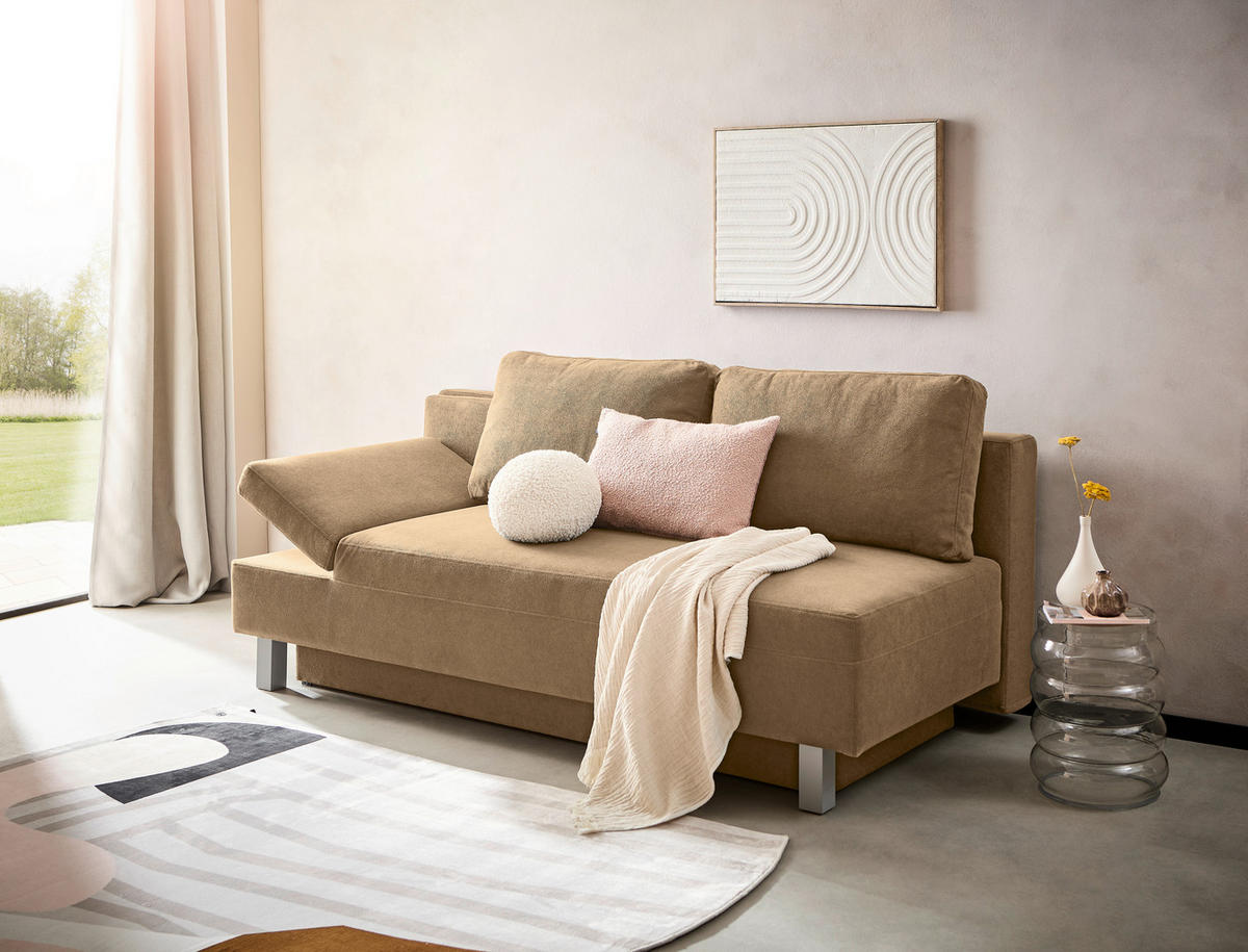 SCHLAFSOFA  mit Stoffauswahl, Schlafen auf Sitzhöhe, Armteil links Flachgewebe Hellbraun  - Chromfarben/Hellbraun, Design, Holz/Textil (205/77-93/99cm) - Novel