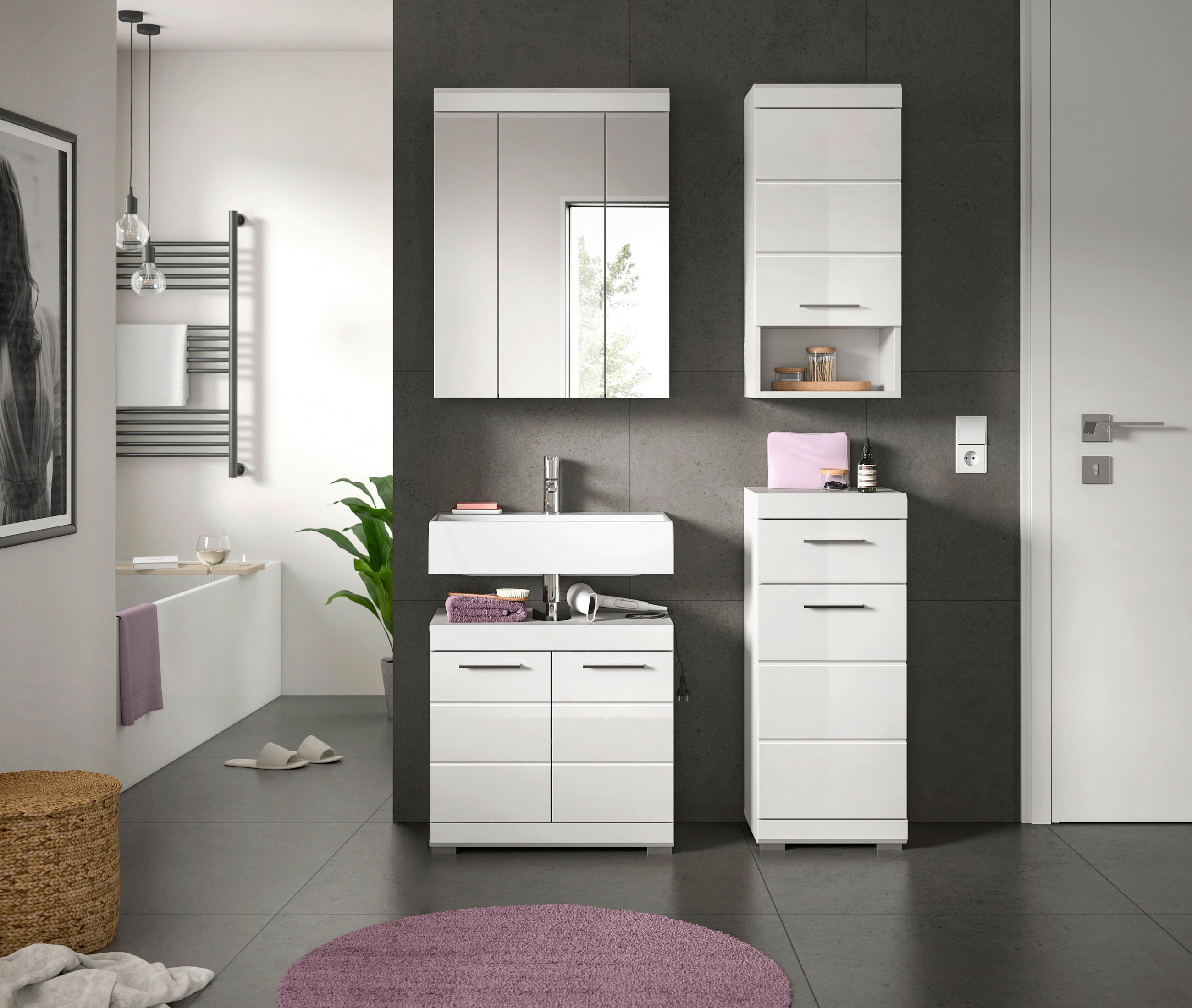 BADEZIMMER 4-teilig  in 97 cm  - Weiß Hochglanz/Silberfarben, MODERN, Glas/Holzwerkstoff (97cm) - MID.YOU