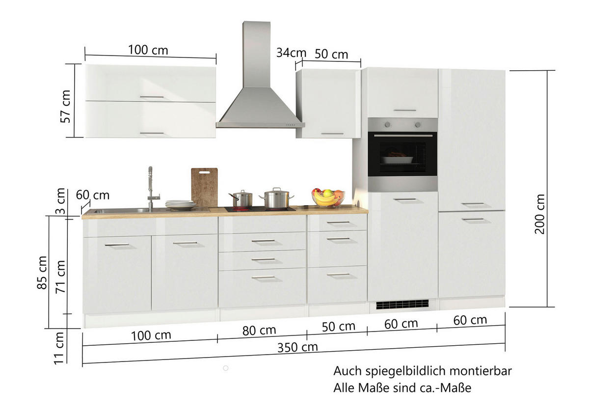 KÜCHENBLOCK 350 cm   in Weiss Hochglanz  - Weiss Hochglanz/Weiss, Modern, Holzwerkstoff/Metall (350cm) - Held
