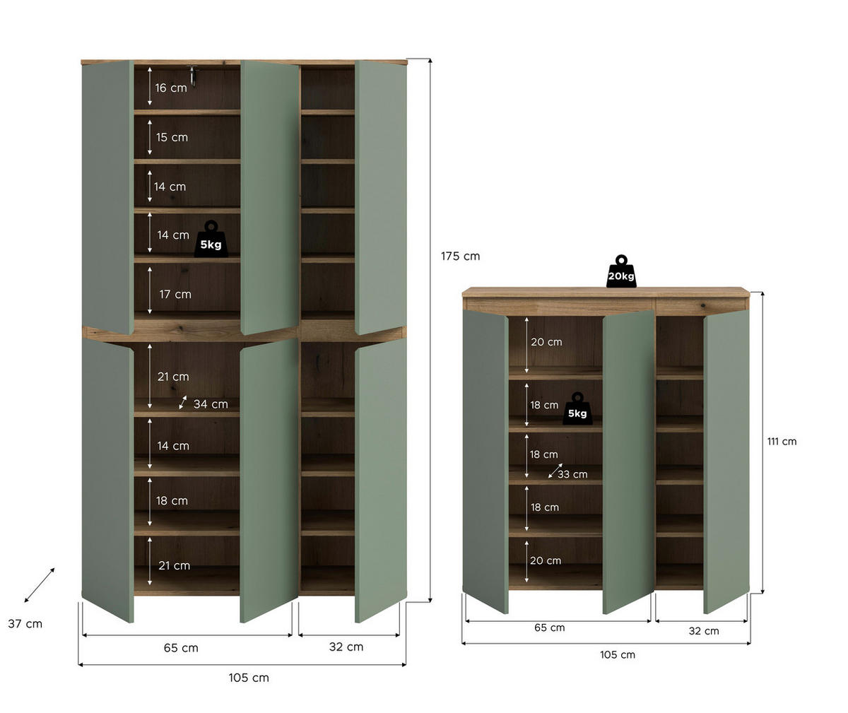 GARDEROBENSCHRANK  in 235/175/37 cm  - Eichefarben/Schwarz, Design, Holzwerkstoff/Kunststoff (235/175/37cm) - Livetastic