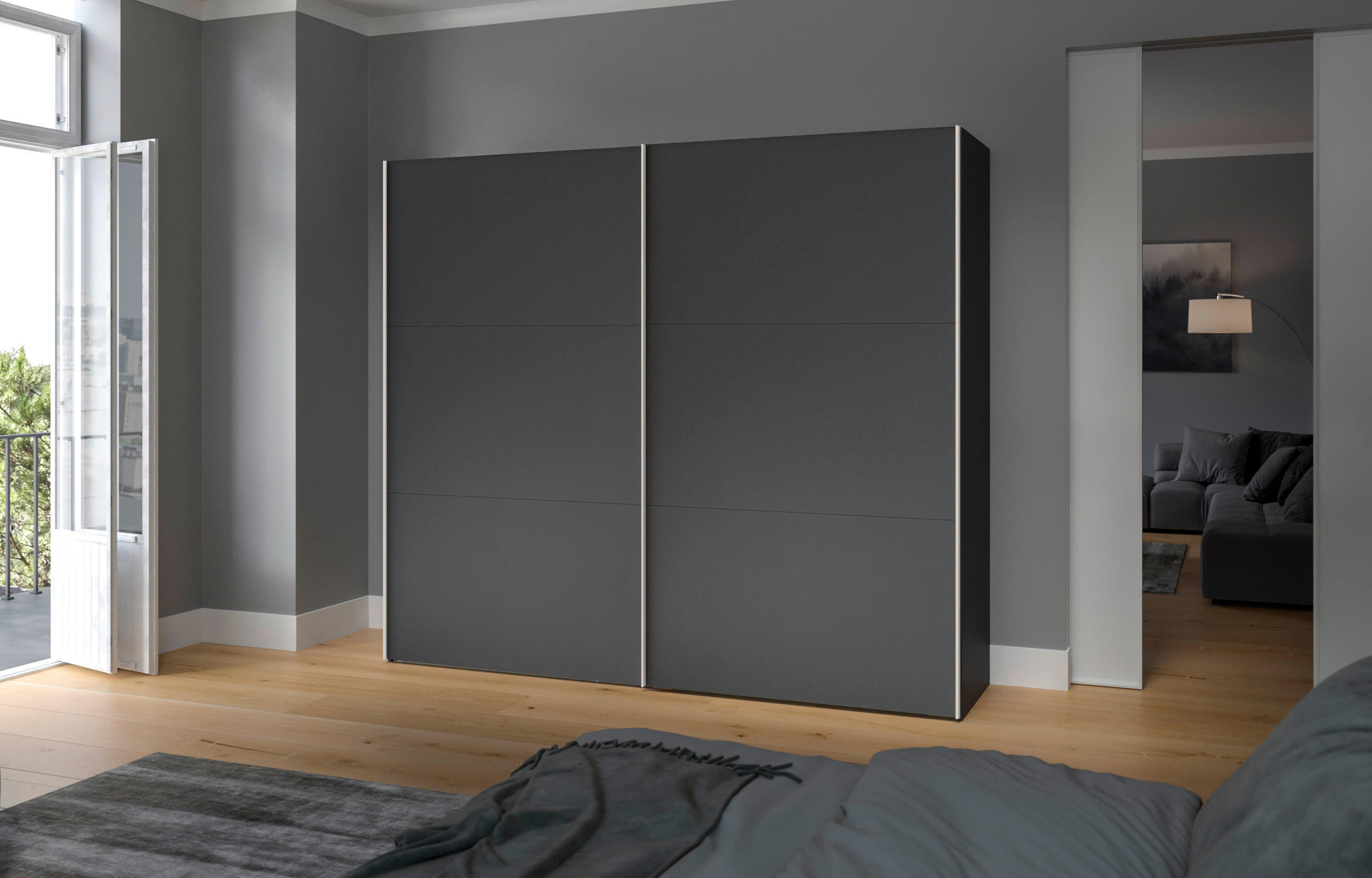SCHWEBETÜRENSCHRANK 253/195/65 cm 2-türig Anthrazit, Schwarz  - Edelstahlfarben/Anthrazit, Design, Holzwerkstoff (253/195/65cm) - Boxxx