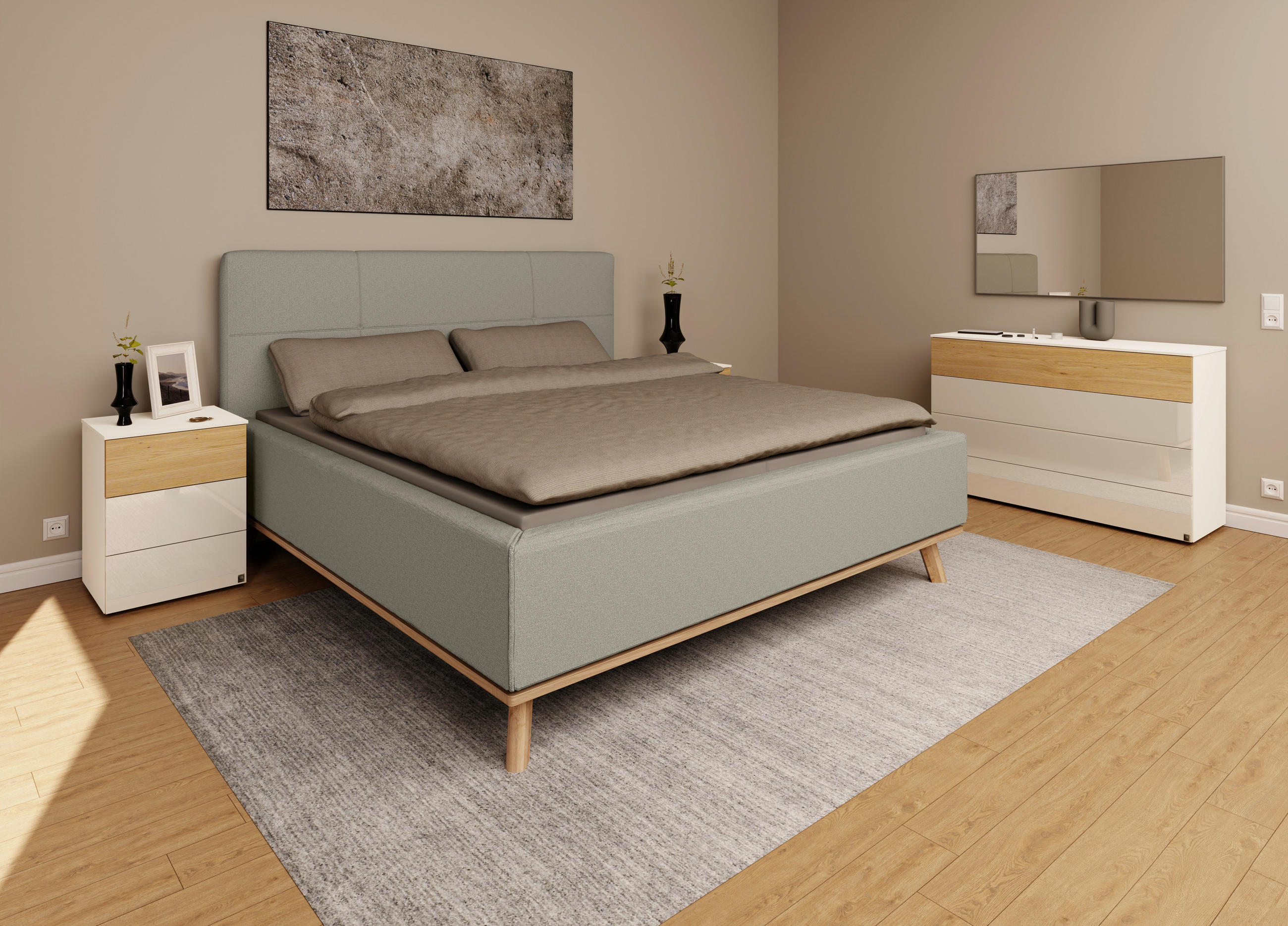 POLSTERBETT 160/200 cm,  in Hellgrau, Matratze, Lattenrost, Bettkasten, H3 + H3 = fest  - Eichefarben/Hellgrau, Design, Holz/Textil (160/200cm) - Musterring