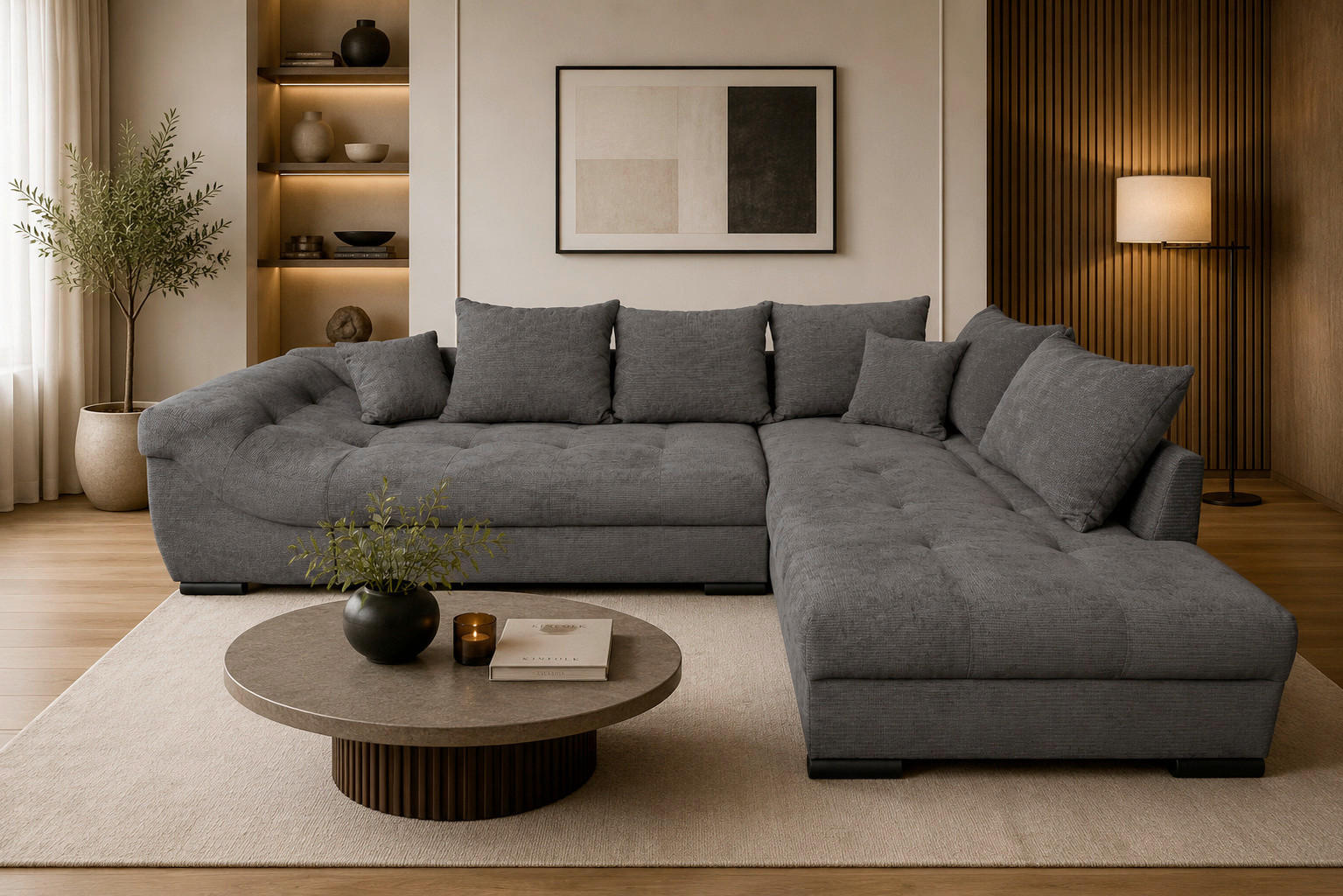ECKSOFA ATLANTA Dunkelgrau Struktur Liegefläche im Originalstoff  - Dunkelgrau/Schwarz, Design, Textil/Metall (298/202cm) - MID.YOU