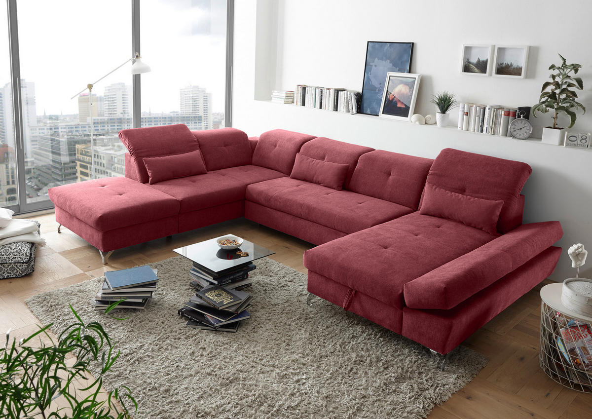 WOHNLANDSCHAFT Beere Mikrovelours  - Beere/Silberfarben, MODERN, Textil/Metall (245/350/168cm) - MID.YOU
