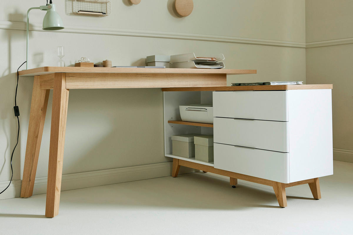 ECKSCHREIBTISCH 140/118/76 cm  in Weiß, Eichefarben  - Eichefarben/Alufarben, KONVENTIONELL, Holzwerkstoff/Metall (140/118/76cm) - Livetastic