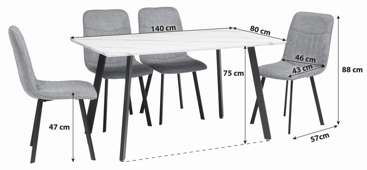 TISCHGRUPPE   - Hellgrau/Weiß, KONVENTIONELL, Textil/Metall (140/46/75/88/80/57cm) - Livetastic