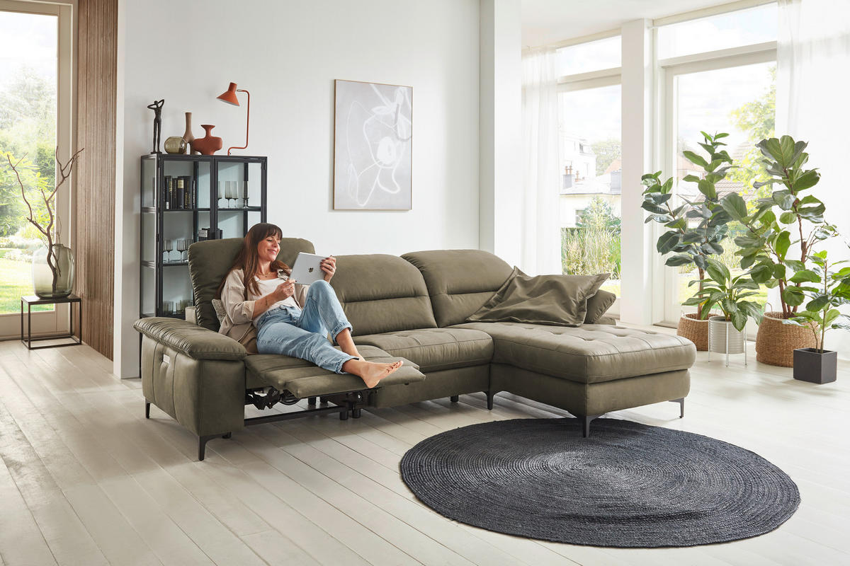 ECKSOFA in Mikrofaser Olivgrün  - Chromfarben/Olivgrün, Design, Textil/Metall (280/184cm) - Pure Home Comfort