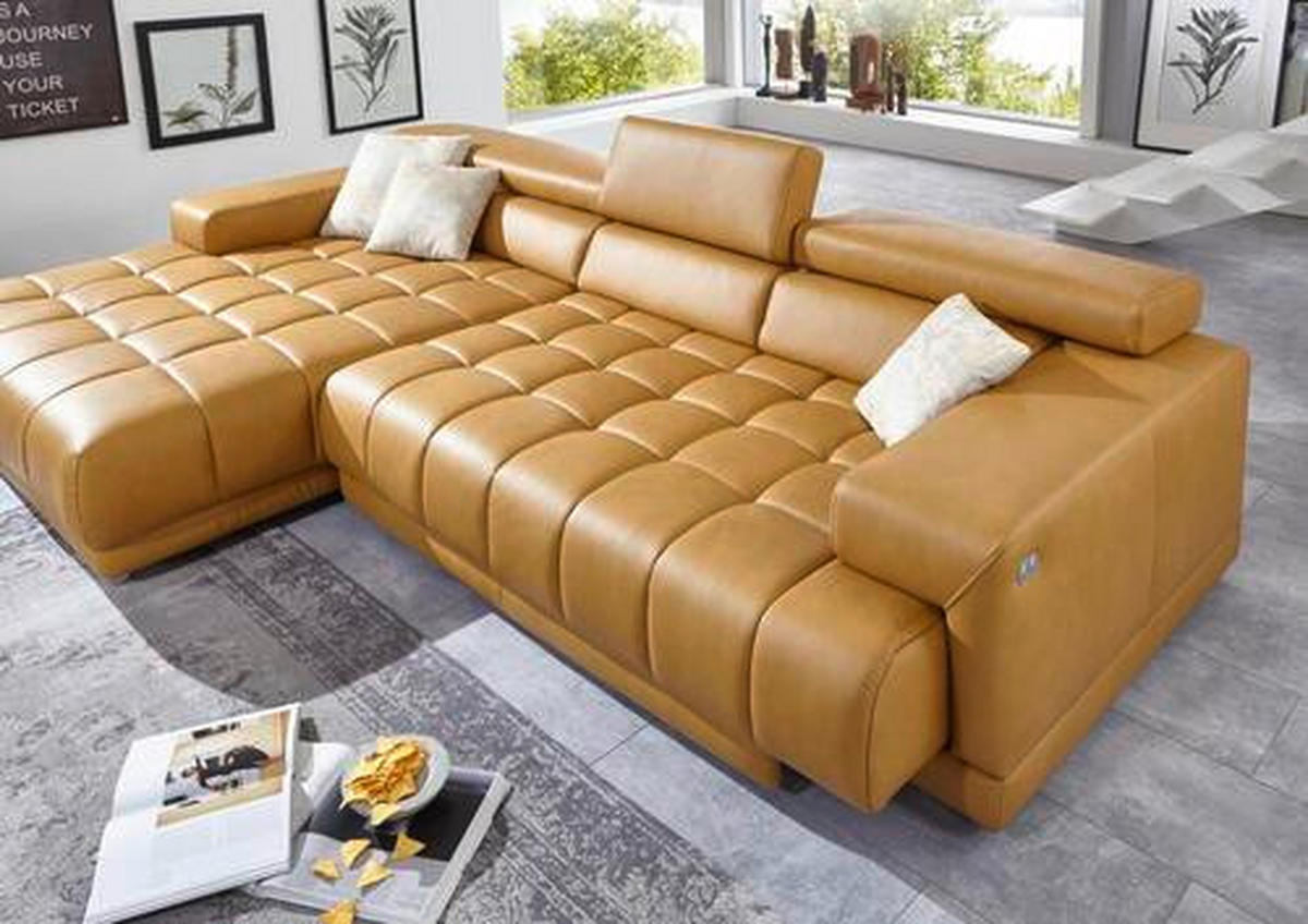 ECKSOFA in Echtleder Currygelb  - Currygelb/Alufarben, Design, Leder/Metall (190/335cm) - Beldomo Speed