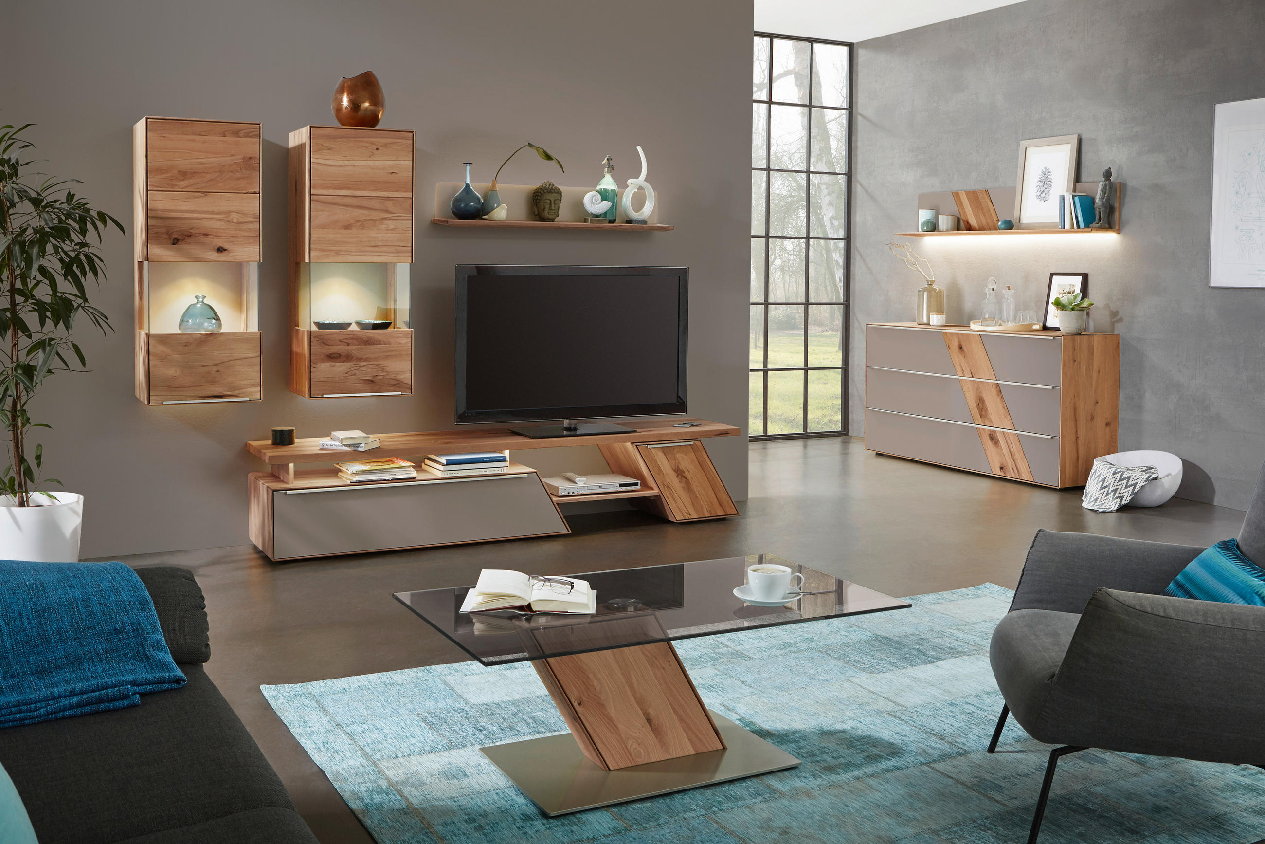 WOHNWAND  279/185/47 cm  in Schlammfarben, Buchefarben  - Edelstahlfarben/Schlammfarben, Design, Glas/Holz (279/185/47cm) - Valnatura
