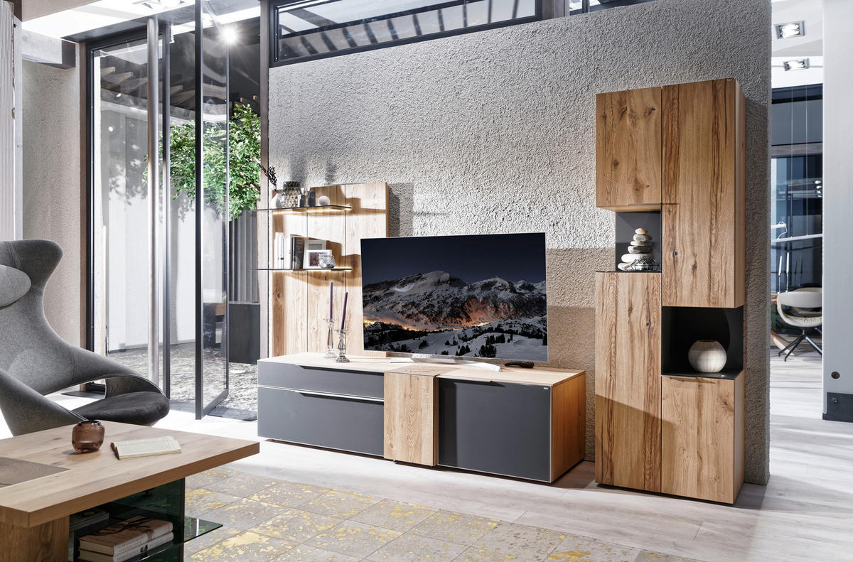 WOHNWAND  in Anthrazit, Eichefarben  306/194/58,3 cm  - Edelstahlfarben/Eichefarben, Design, Glas/Holz (306/194/58,3cm) - Voglauer