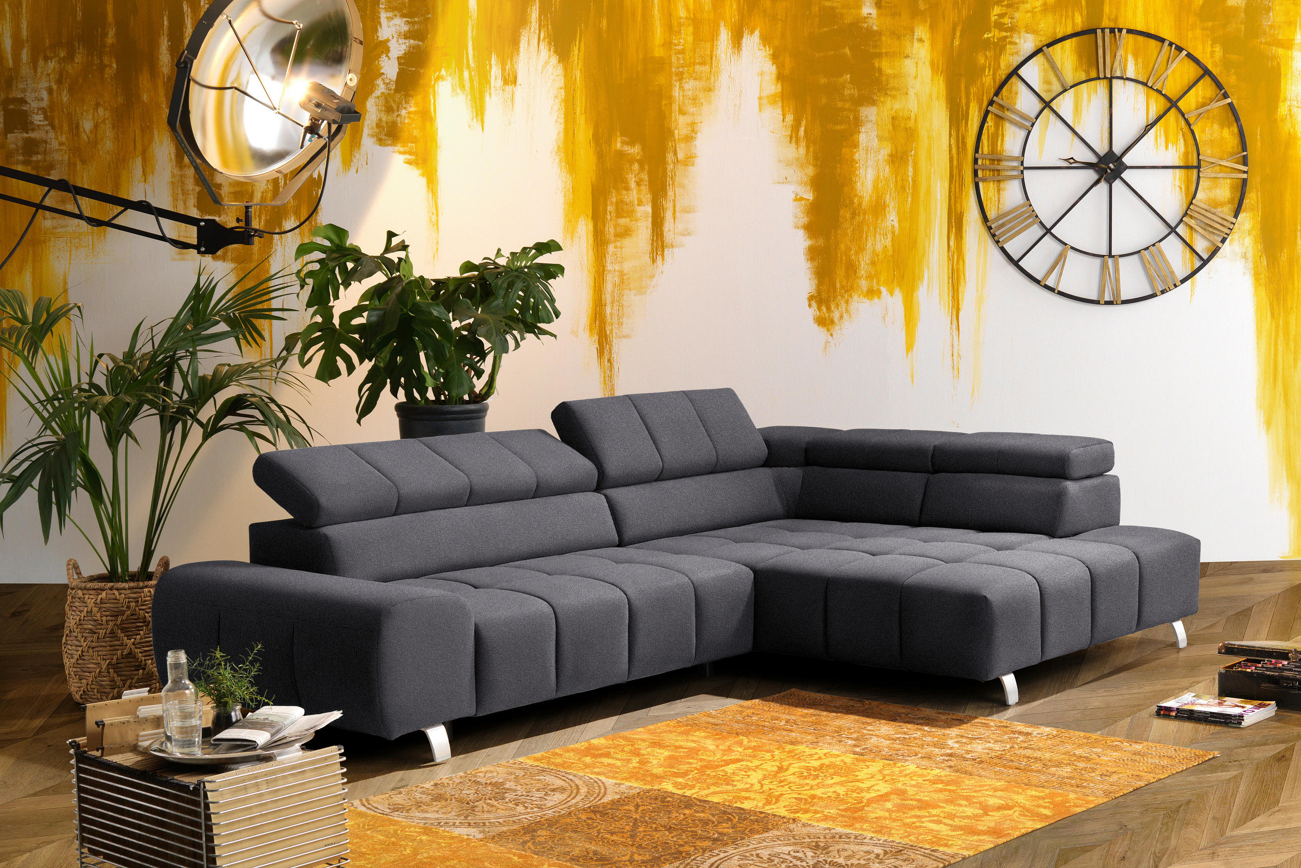 ECKSOFA Dunkelgrau Velours  - Dunkelgrau/Silberfarben, Design, Textil/Metall (295/201cm) - Hom`in