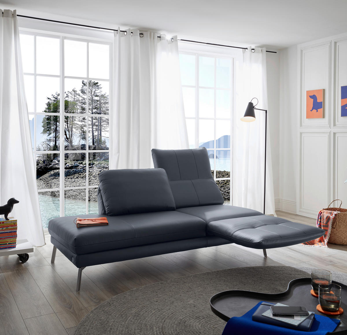 RÉCAMIERE Dunkelblau, Blaugrau Echtleder  - Chromfarben/Blaugrau, Design, Leder/Metall (209/85-109/95-16cm) - Dieter Knoll