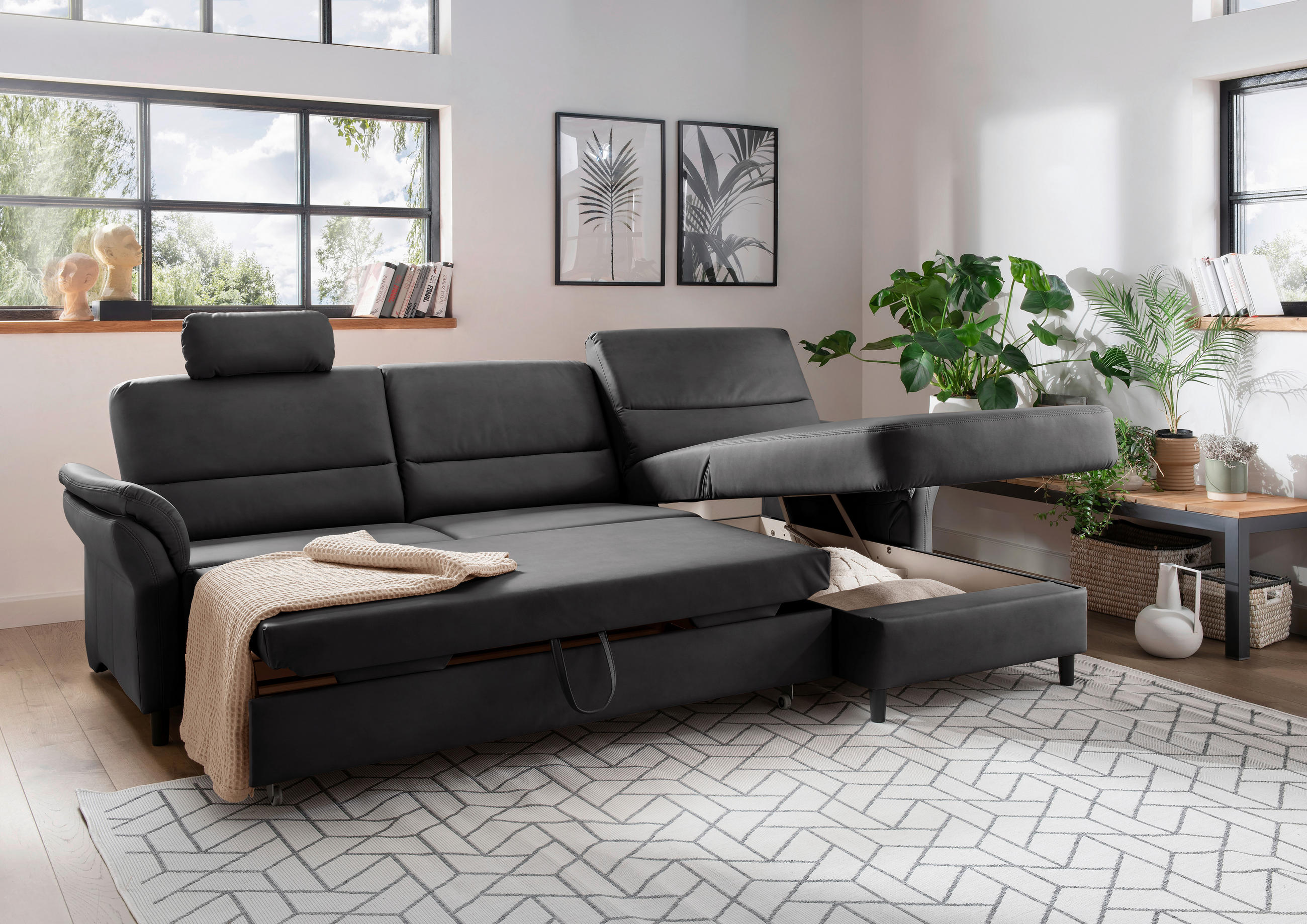 ECKSOFA Schwarz Lederlook  - Schwarz, MODERN, Holz/Textil (279/176cm) - Livetastic