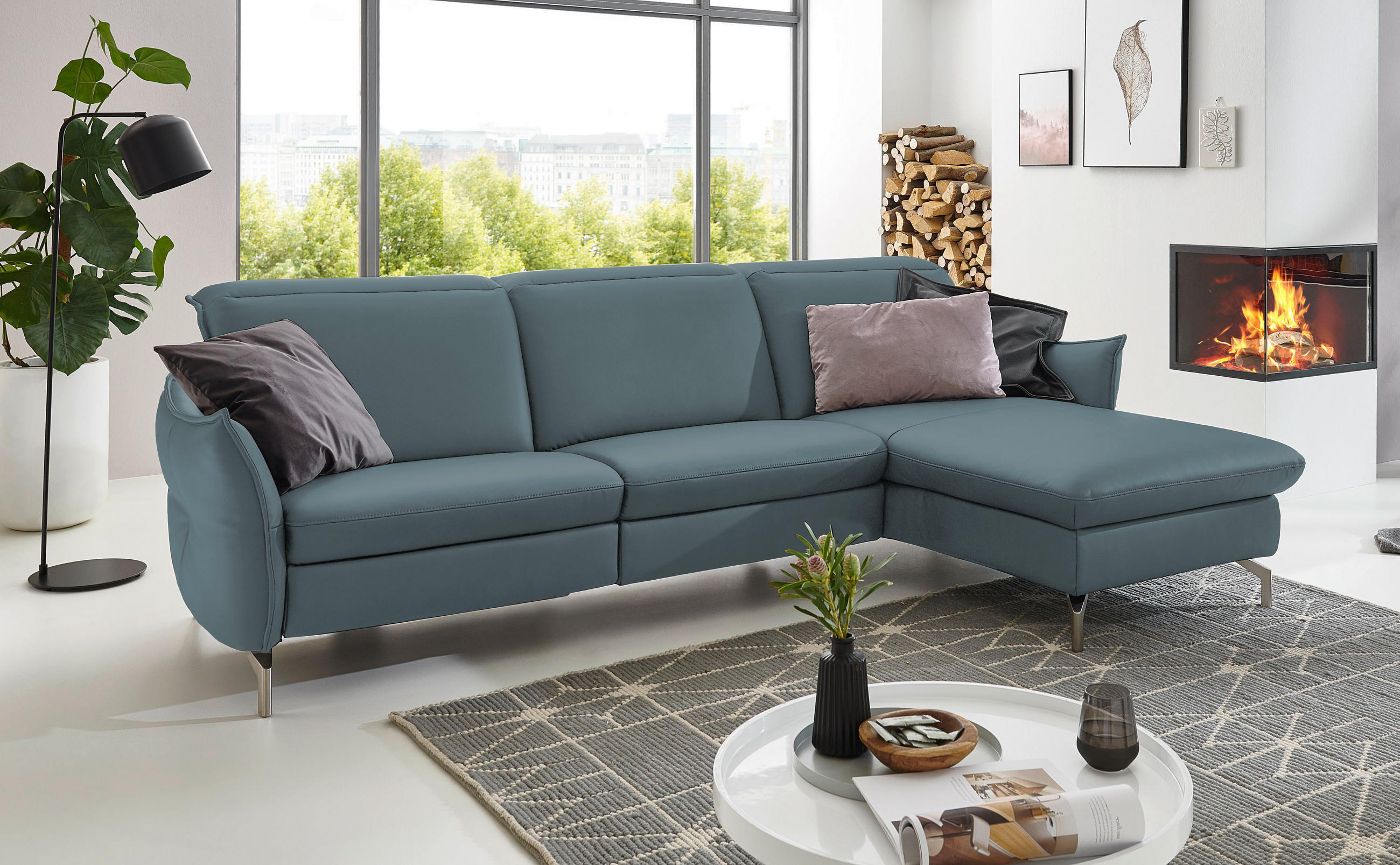 ECKSOFA in Lederlook (vegan) Blau, Grau  233/179 cm  - Blau/Grau, MODERN, Textil/Metall (233/179cm) - Livetastic