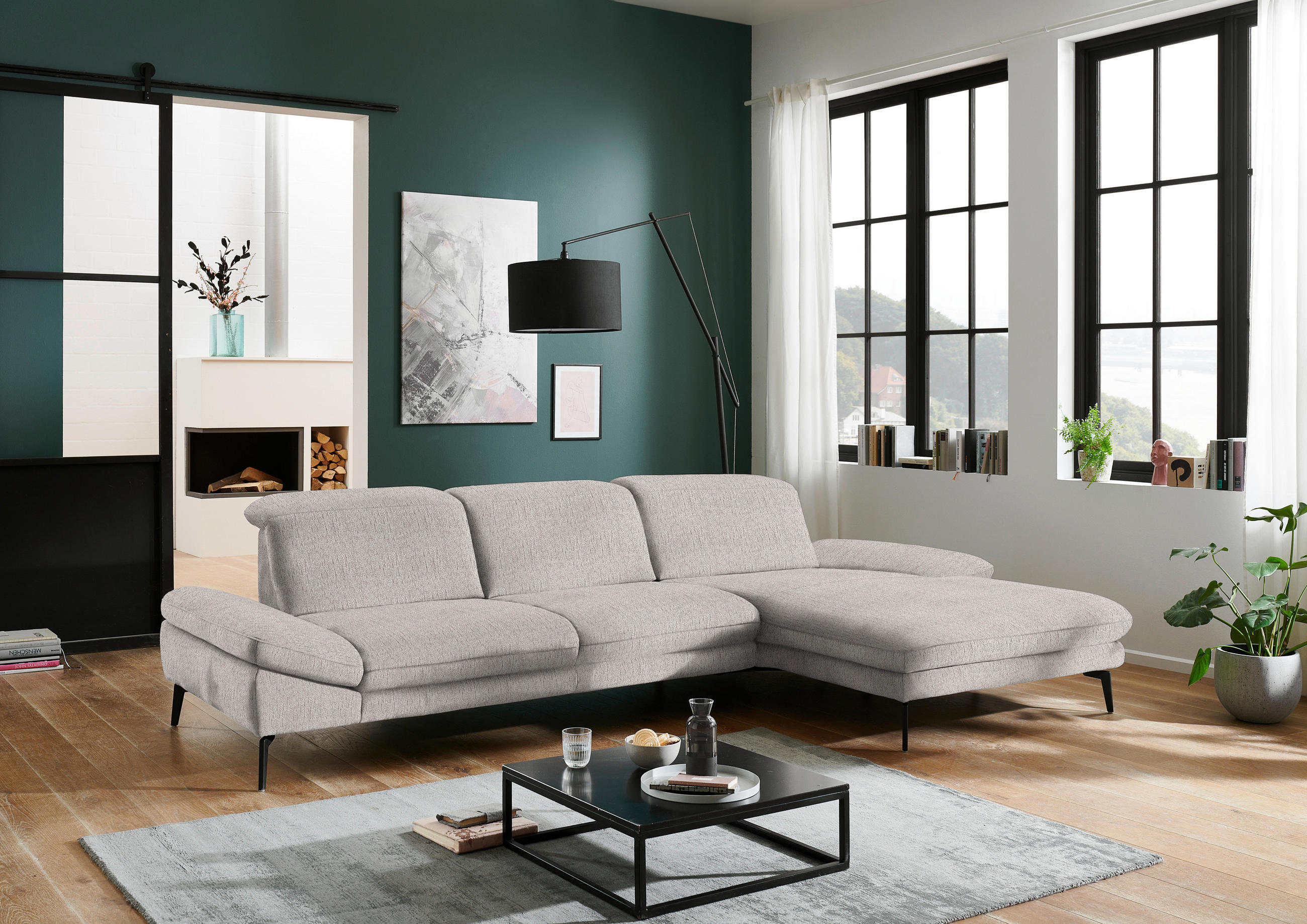 ECKSOFA in Chenille Greige  - Greige/Schwarz, Design, Textil/Metall (319/188cm) - Beldomo System