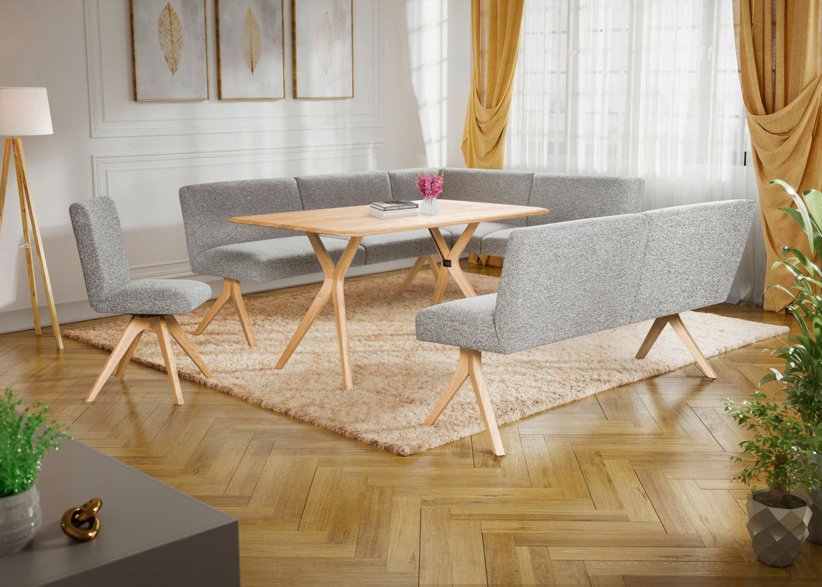 SITZBANK 160/85/69 cm Webstoff Hellgrau Eiche vollmassiv  - Eichefarben/Hellgrau, KONVENTIONELL, Holz/Textil (160/85/69cm) - Linea Natura