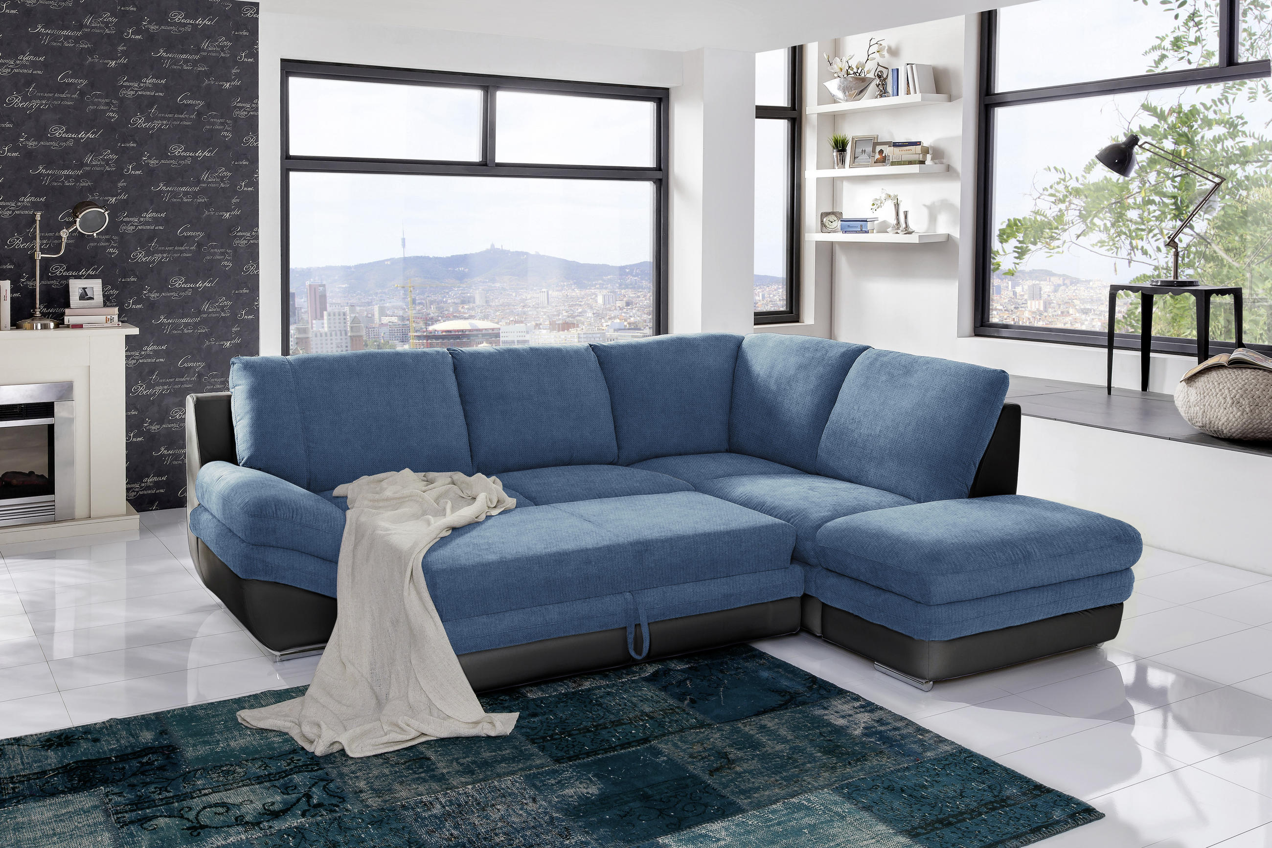 Thumbnail - Mid.you Wohnlandschaft, Blau, Schwarz, Textil, Ottomane rechts, L-Form, 264x221 cm, Wohnzimmer, Sofas & Couches, Wohnlan...
