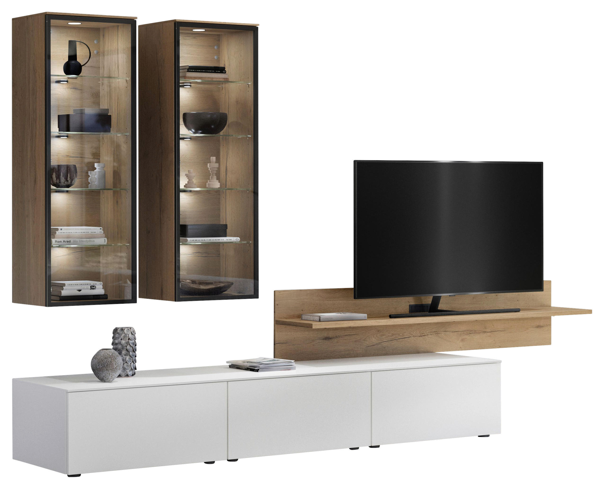 WOHNWAND  in Weiß, Eichefarben  320,3/204,6/58,5 cm  - Eichefarben/Weiß, Design, Glas/Holzwerkstoff (320,3/204,6/58,5cm) - Celina Home