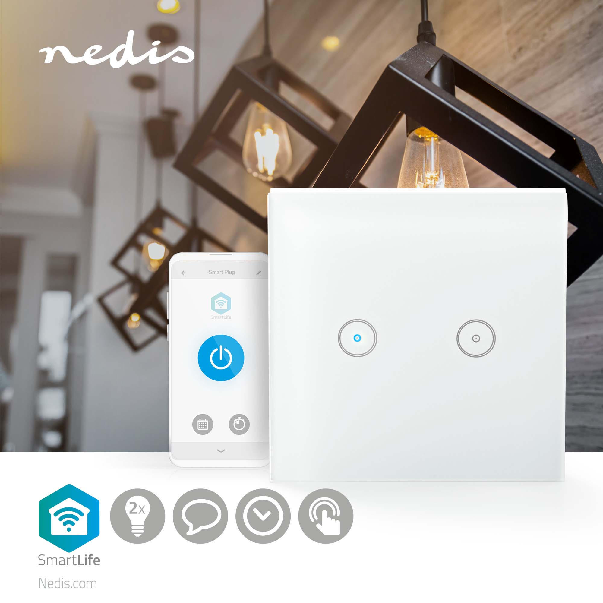 WLAN Doppelwandschalter - Weiß, Basics, Kunststoff (8,6/8,6/3,6cm) - Nedis SmartLife