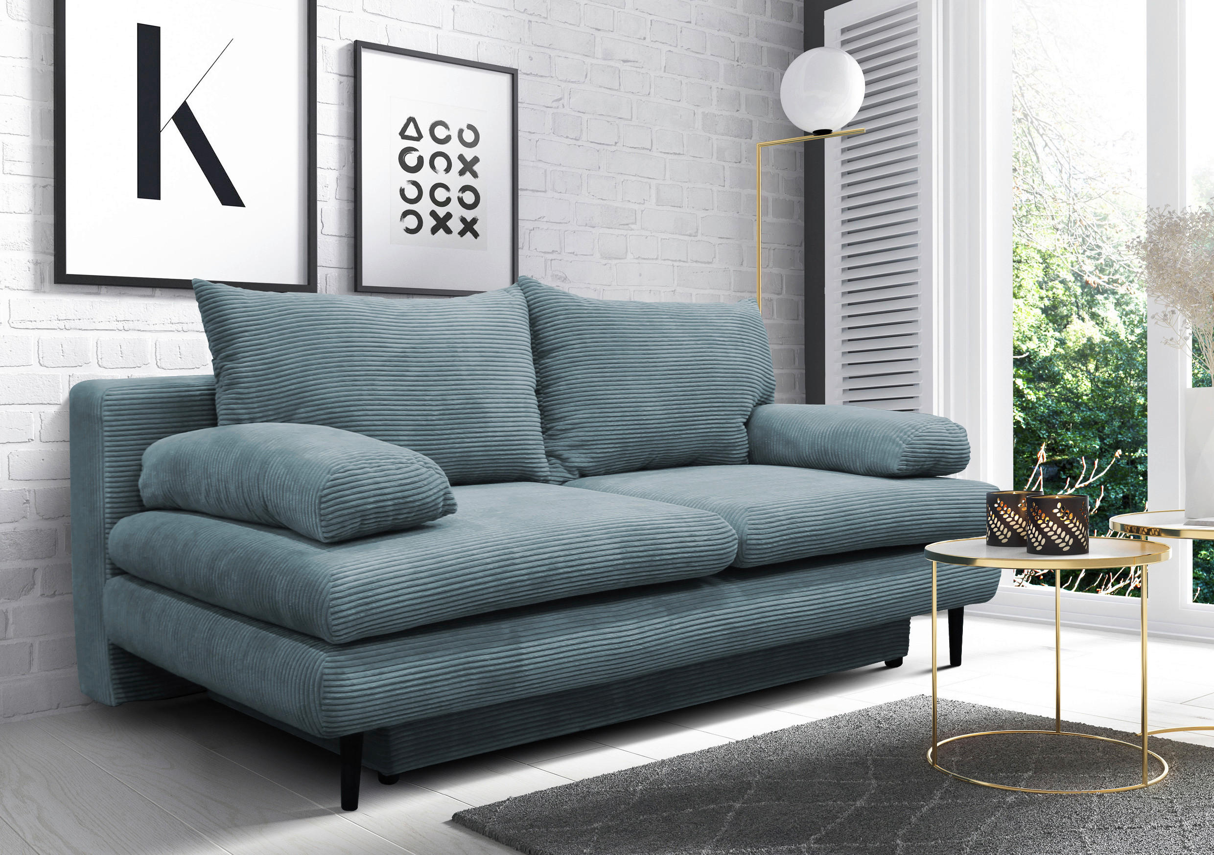 SCHLAFSOFA Cord Türkis  - Türkis/Schwarz, Design, Holz/Textil (202/85/99cm) - P & B