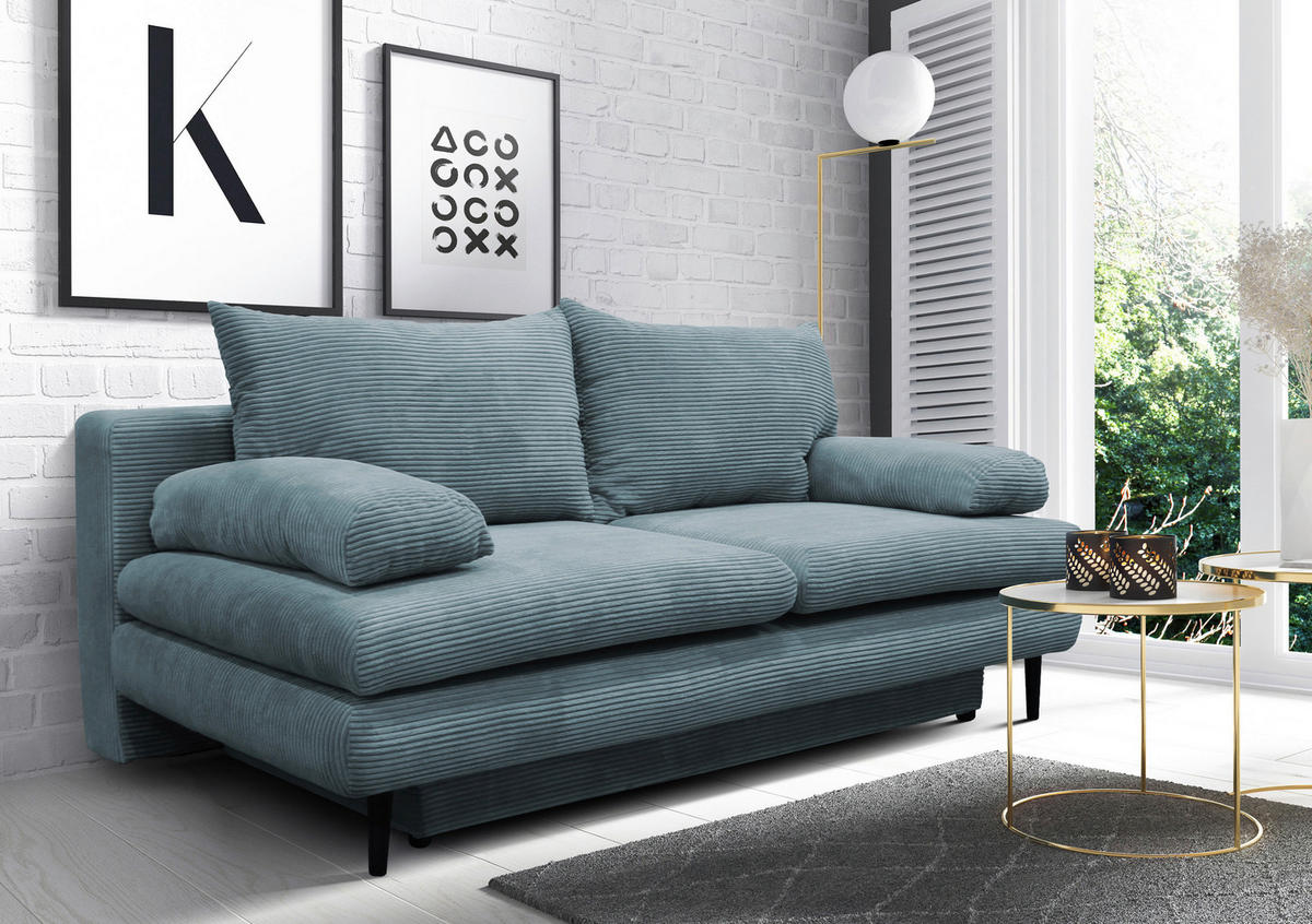 SCHLAFSOFA Cord Türkis  - Türkis/Schwarz, Design, Holz/Textil (202/85/99cm) - P & B