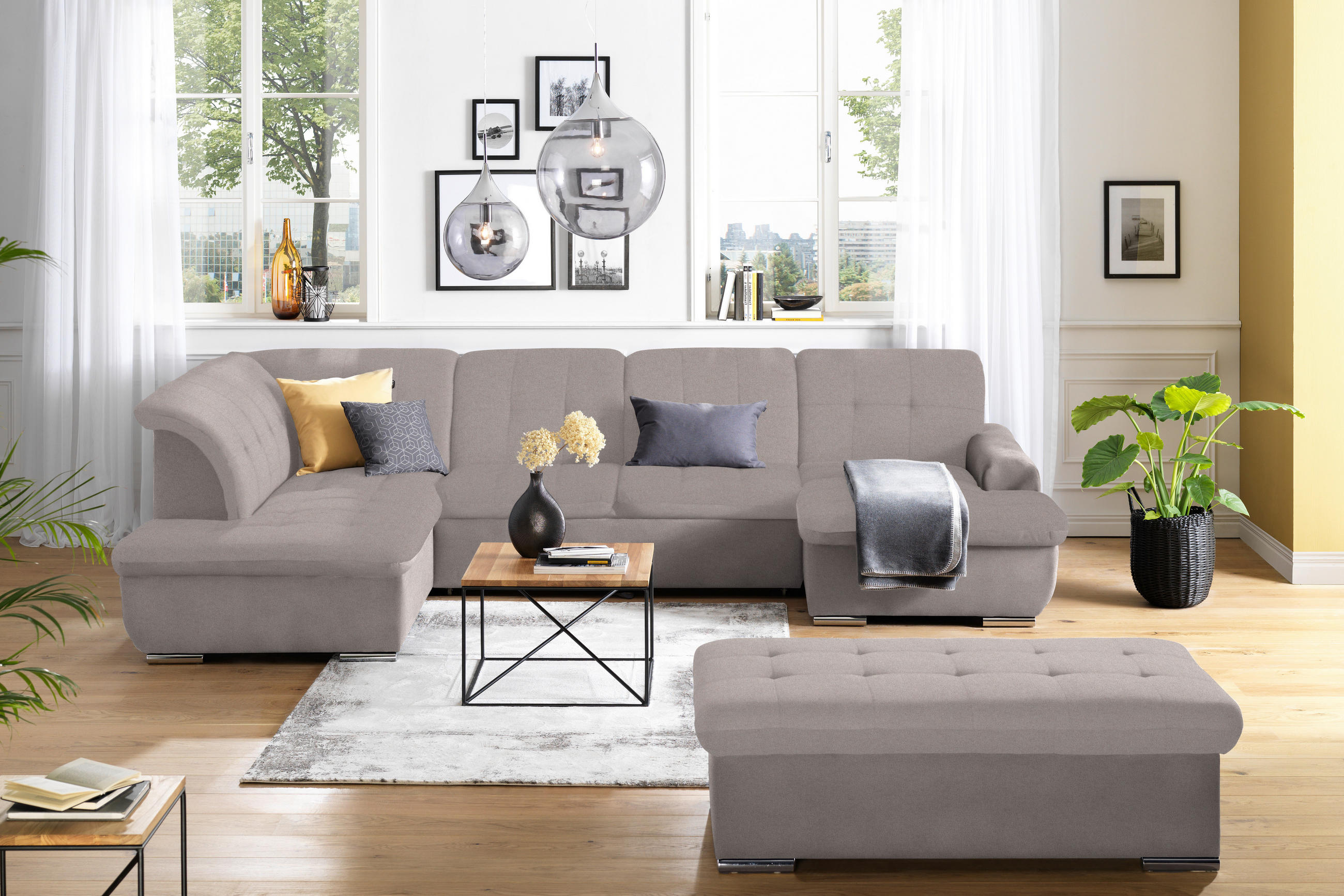 WOHNLANDSCHAFT inkl. Funktion Taupe Flachgewebe  - Taupe/Silberfarben, Design, Textil/Metall (208/342/145cm) - Cantus